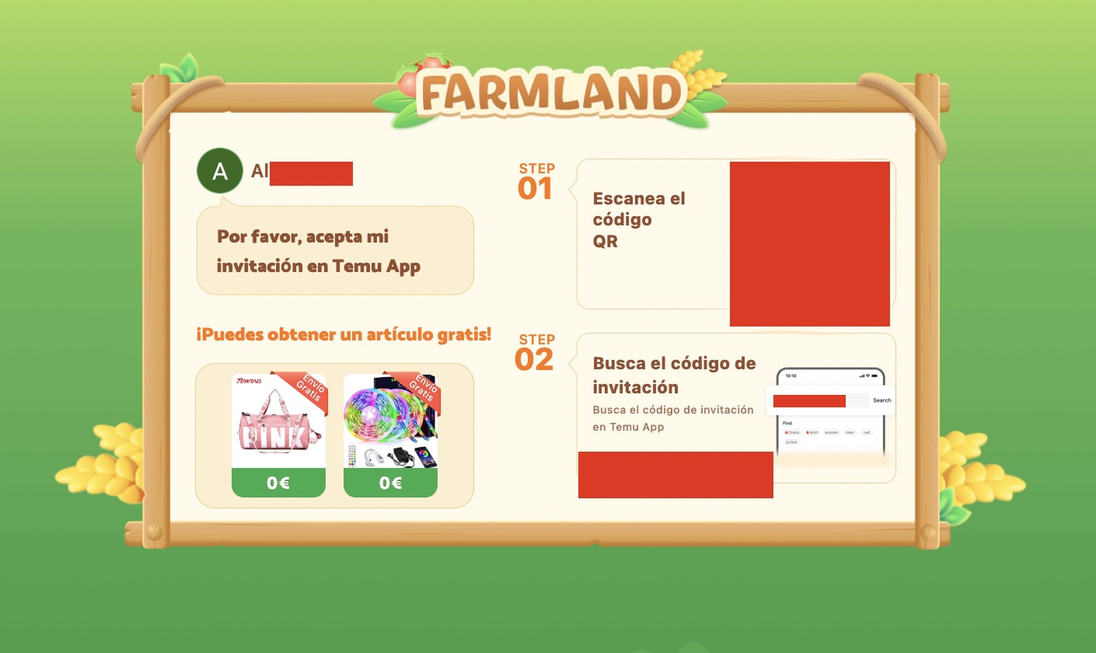 Invitación que reciben los usuarios de sus contactos para acceder a Farmland.