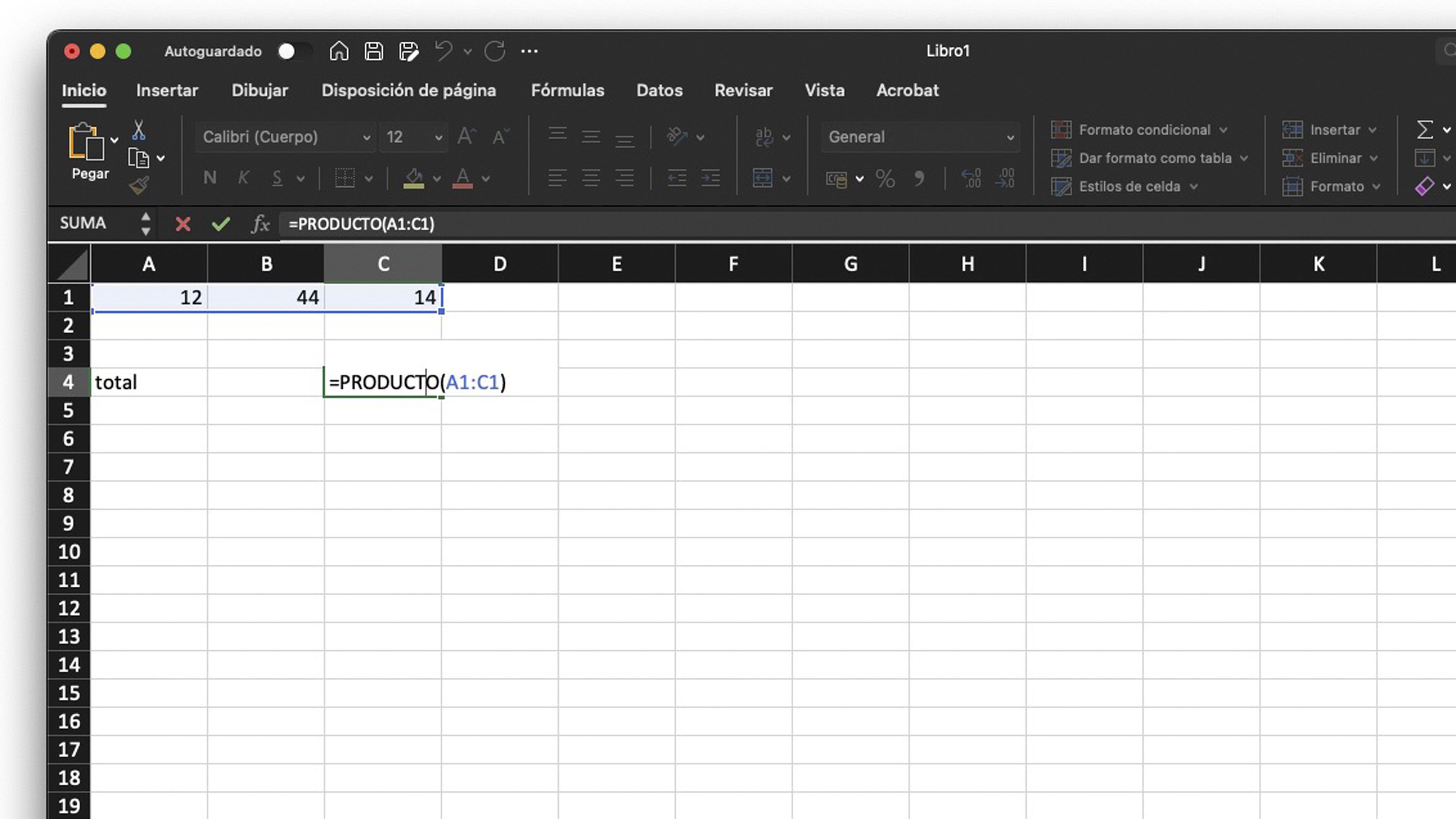 Función Producto en Excel