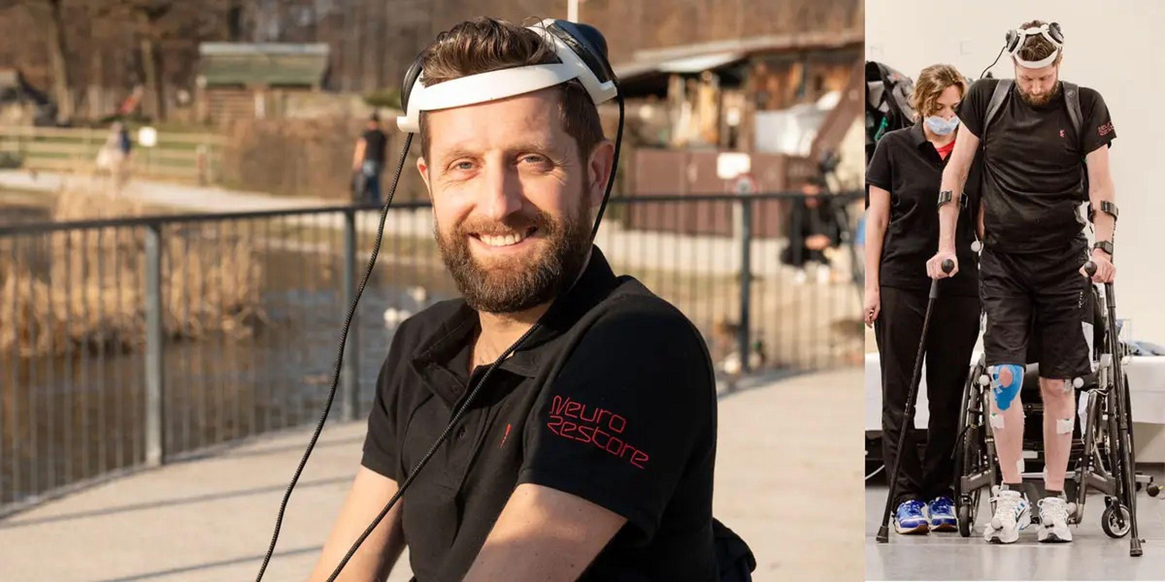A la izquierda: Gert Jan sentado, con la gorra de la antena que se comunica con sus implantes cerebrales. A la derecha: Gert Jan entrenándose para poder andar.