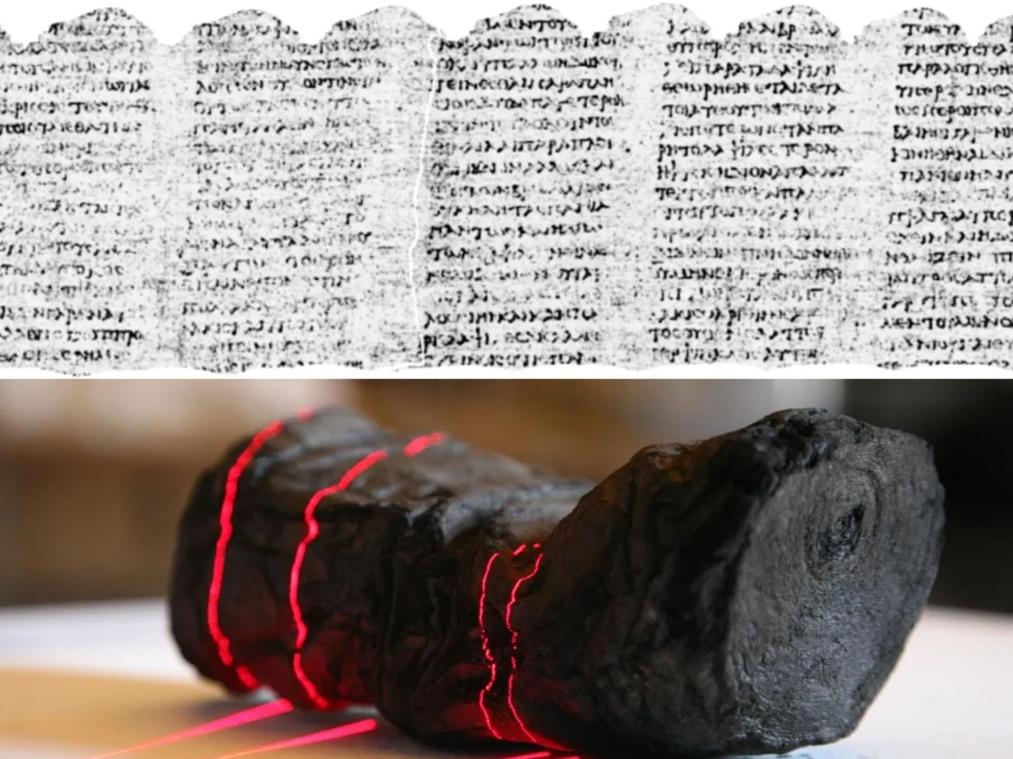 Greek words on a scanned image of papyrus and the charred scroll below it with red lines from an X-ray