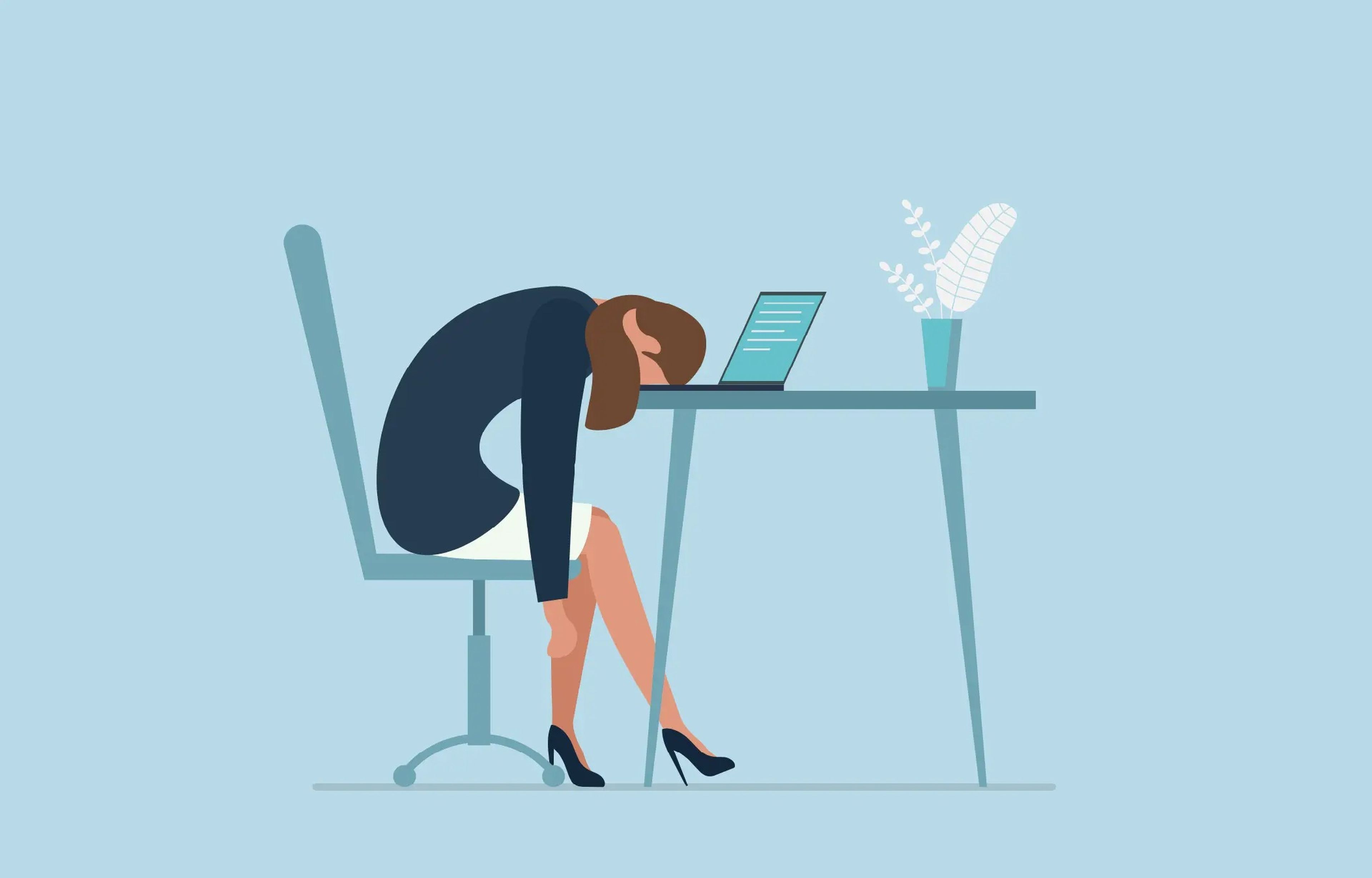 an illustration of a  woman at her desk with her head down