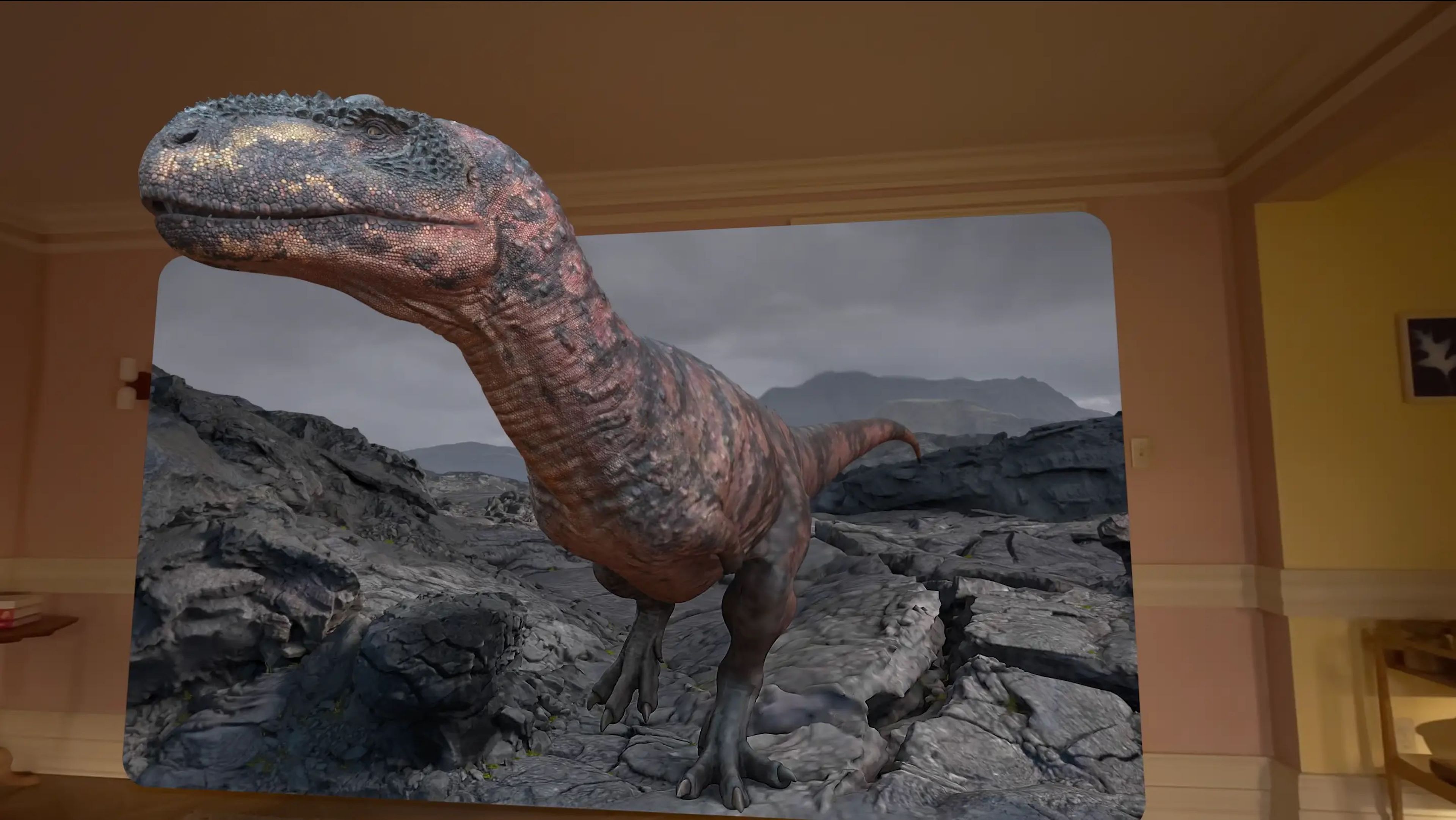An image of "Encountering Dinosaurs" on the Vision Pro.