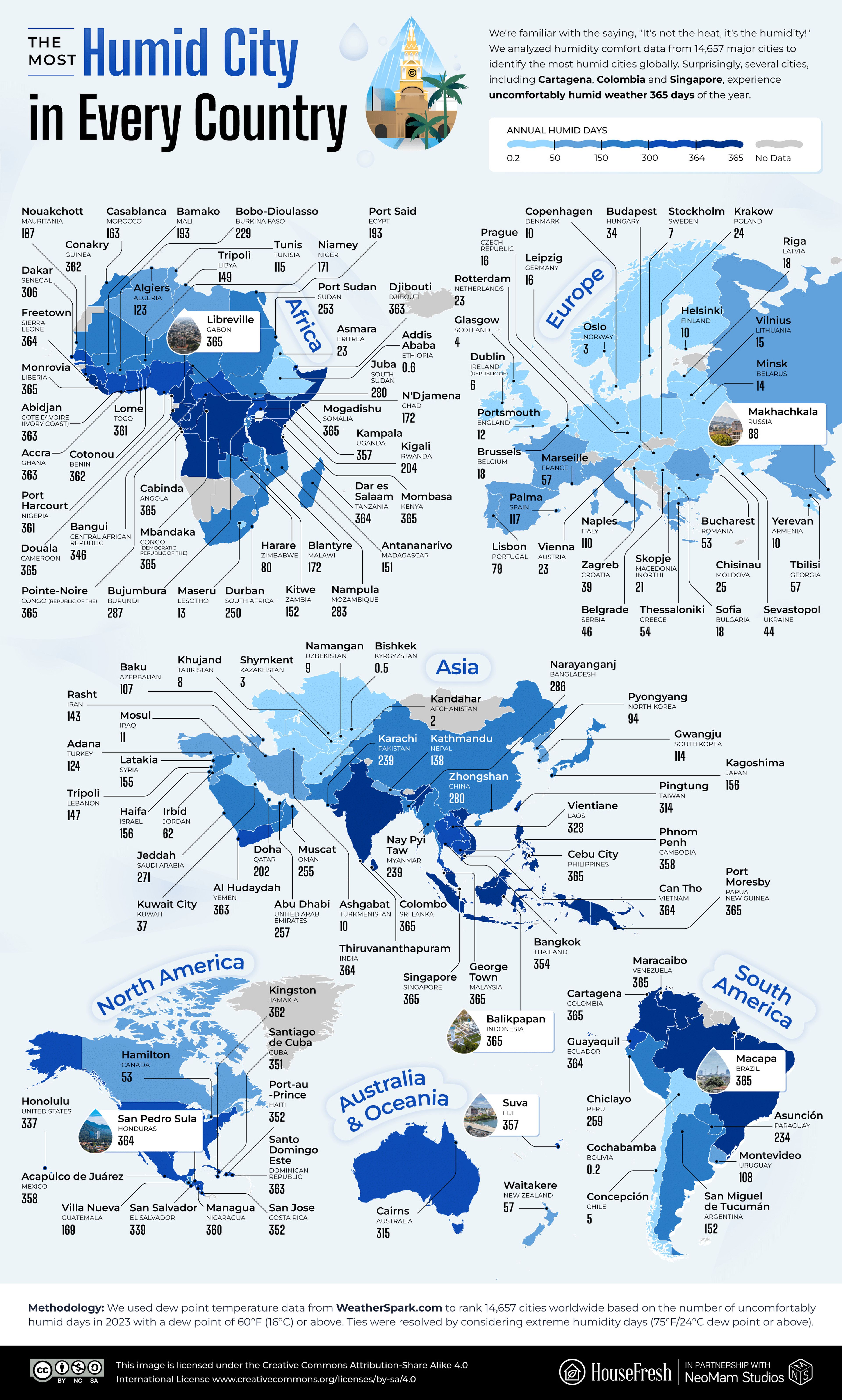 Mapa de las ciudades más húmedas del mundo