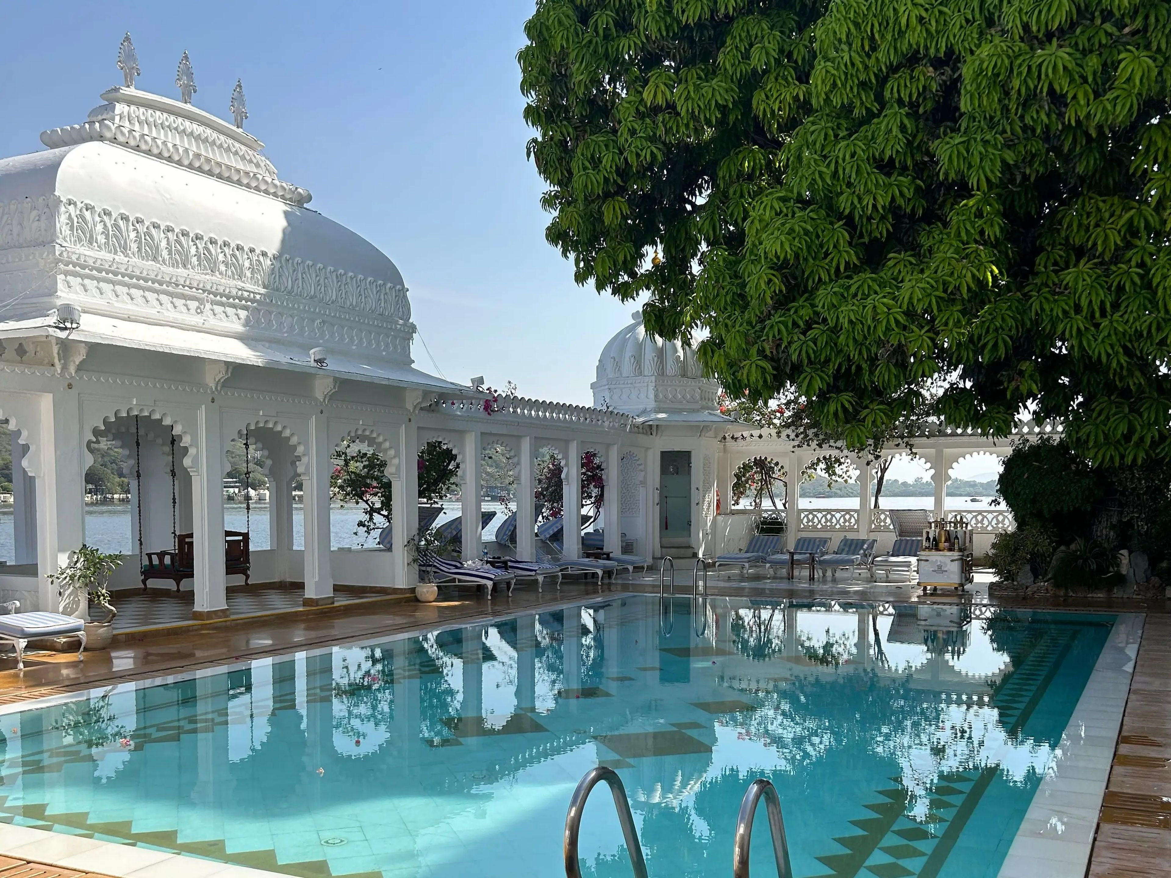 A pool surrounded by white buildings with ornate architecture and a large tree.