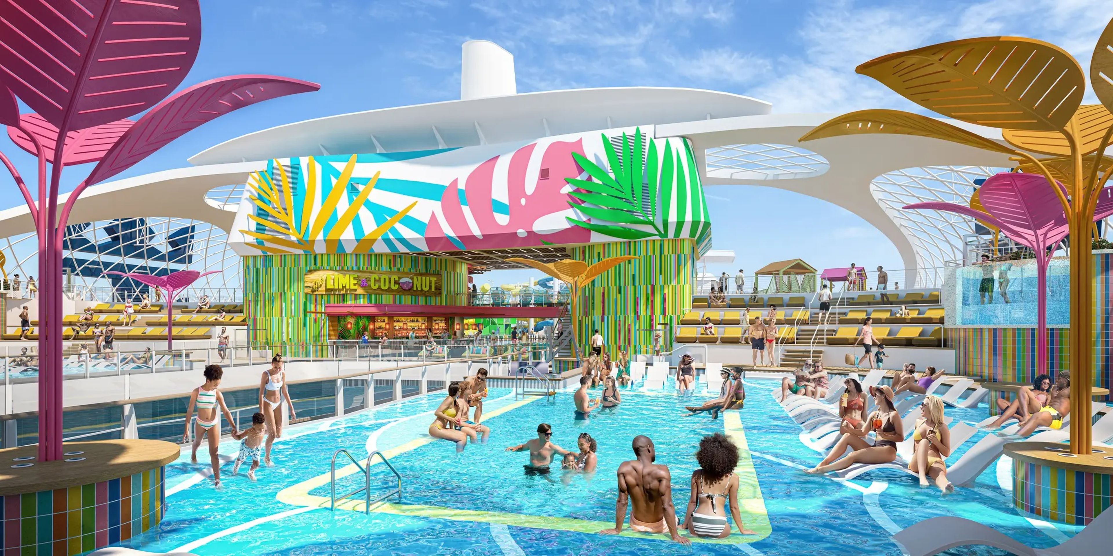 Como es habitual en la mayoría de los barcos de Royal Caribbean, el bar Lime and Coconut estará situado cerca de una de las piscinas del Utopia, según una representación.
