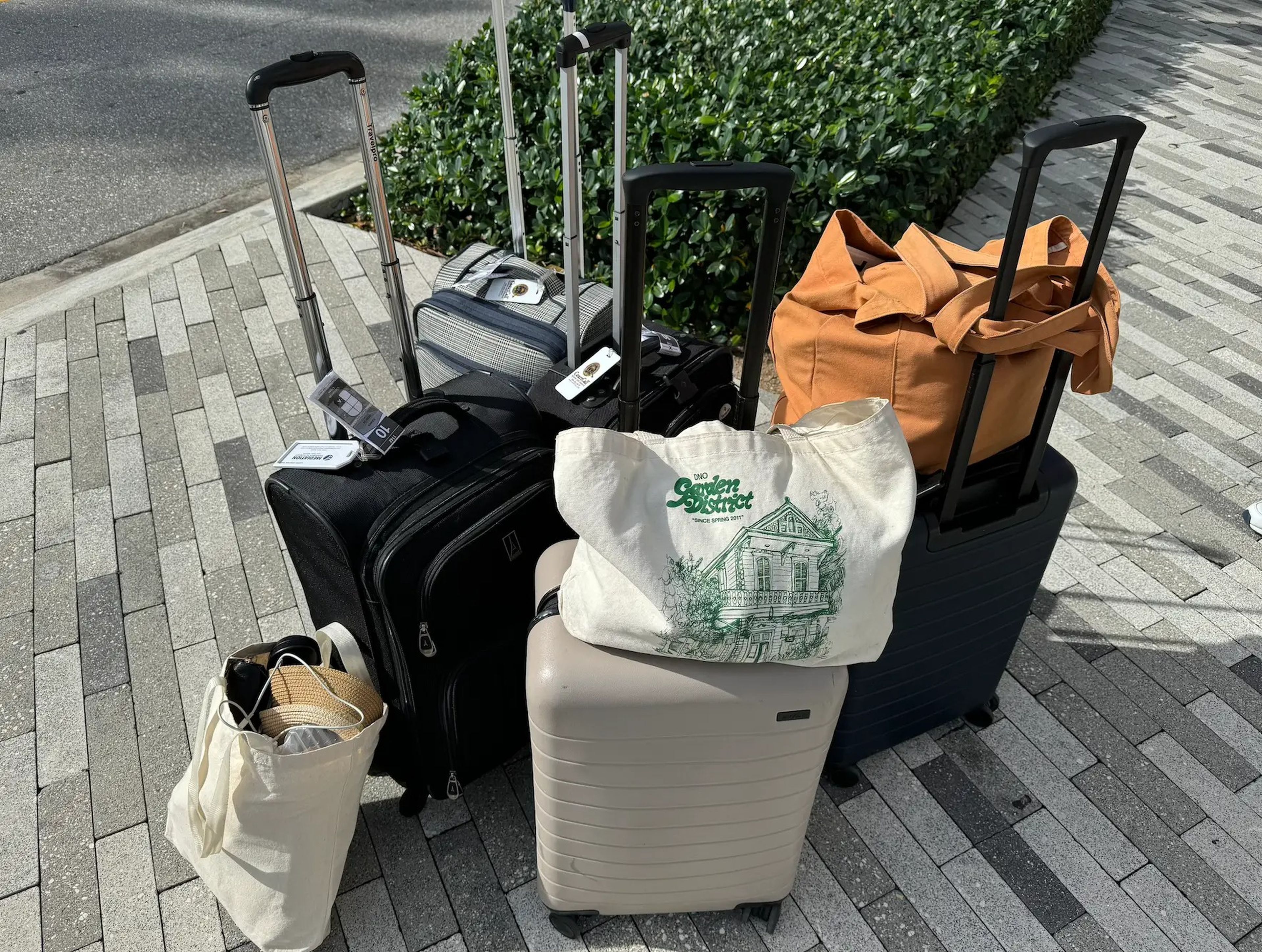 roller bags and tote bags arranged next to each other on a sidewalk