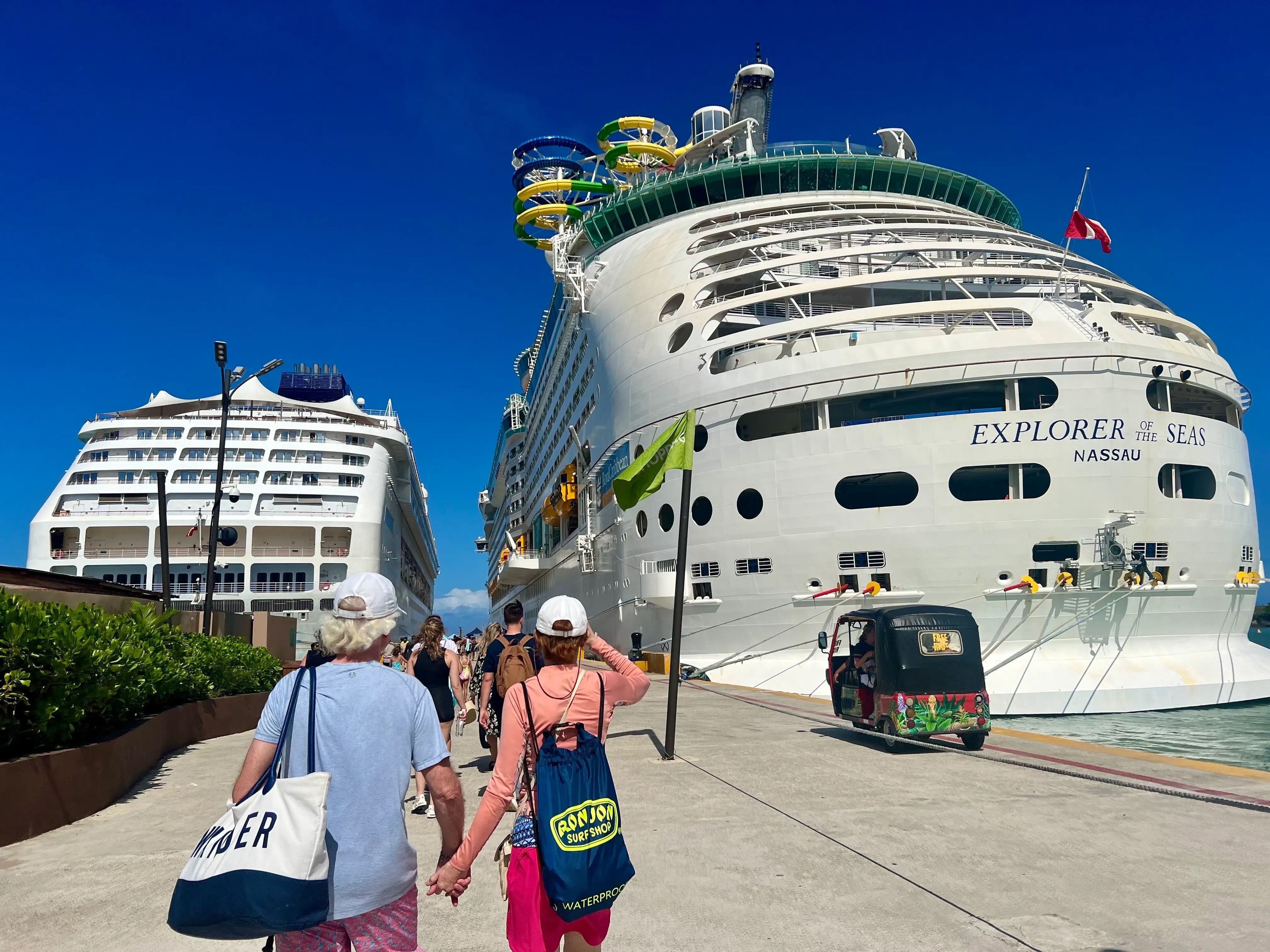 The view of the Norwegian Sky (left) next to Royal Caribbean's Explorer of the Seas (right), which has been upgraded with slides.