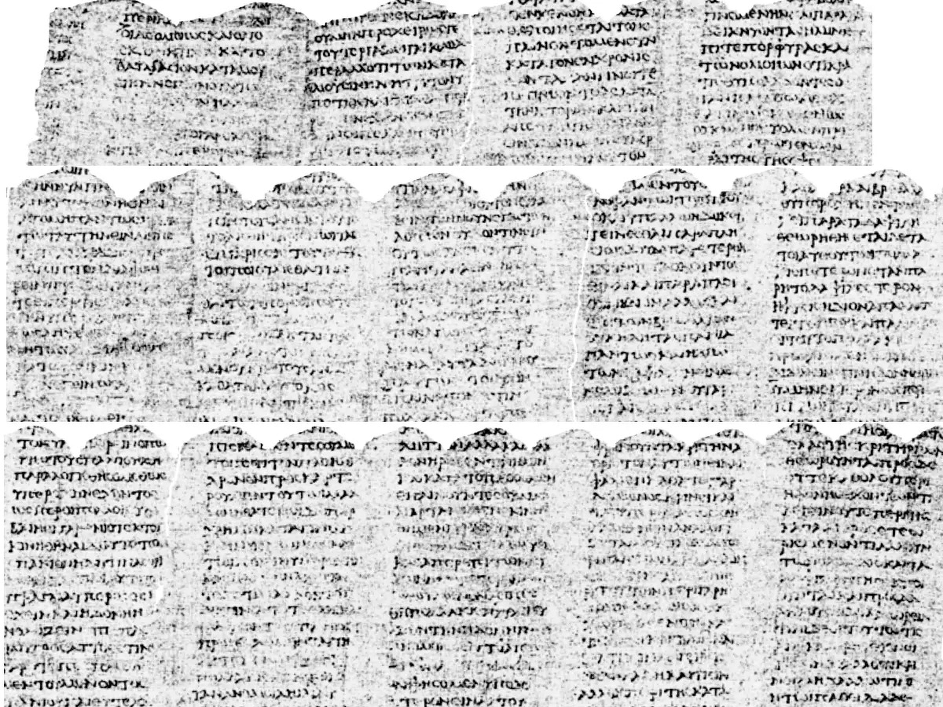 La imagen ganadora del gran premio del Desafío del Vesubio de varias columnas de texto de una hoja de papiro creada por Youssef Nader, Luke Farritor y Julian Schilliger.