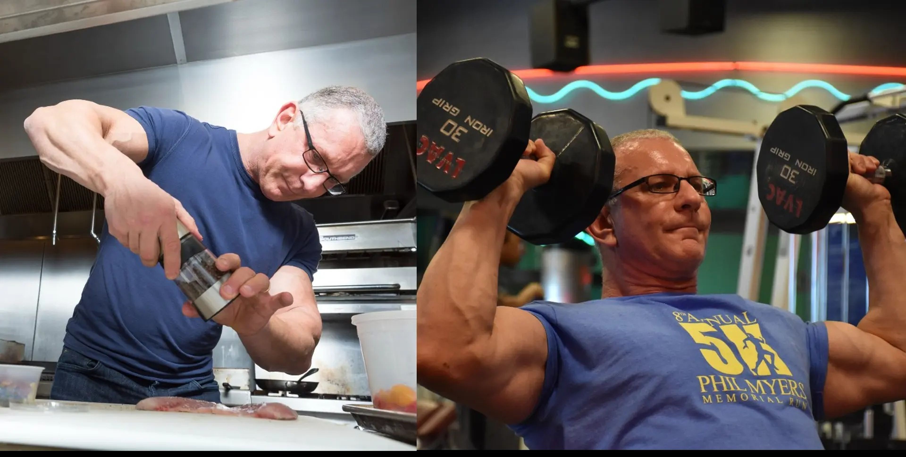 A split image showing Chef Robert Irvine cooking next to an image of him lifting weights.