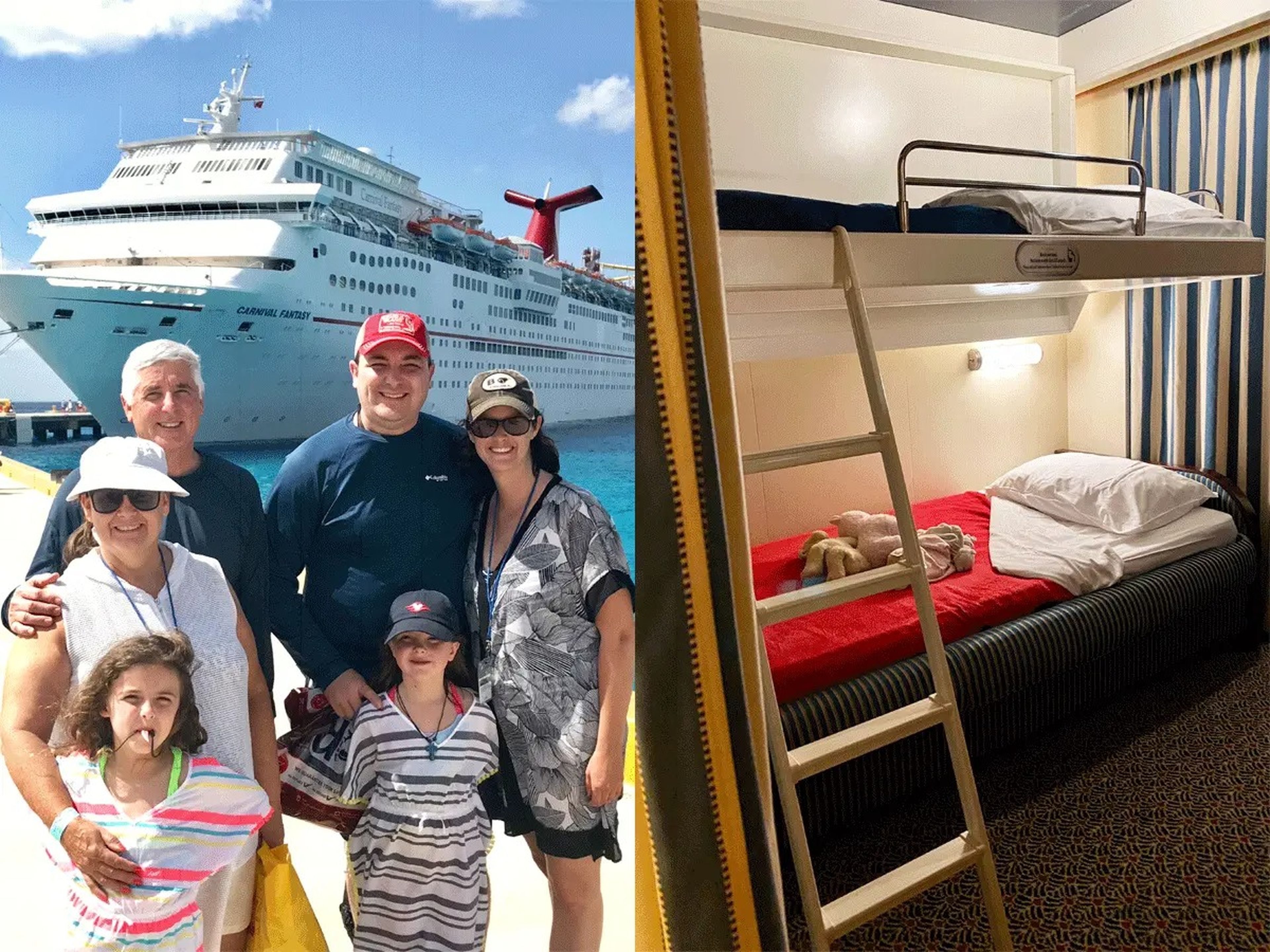 The writer and her family standing in front of a cruise ship next to a photo of bunk beds on a cruise ship with a ladder