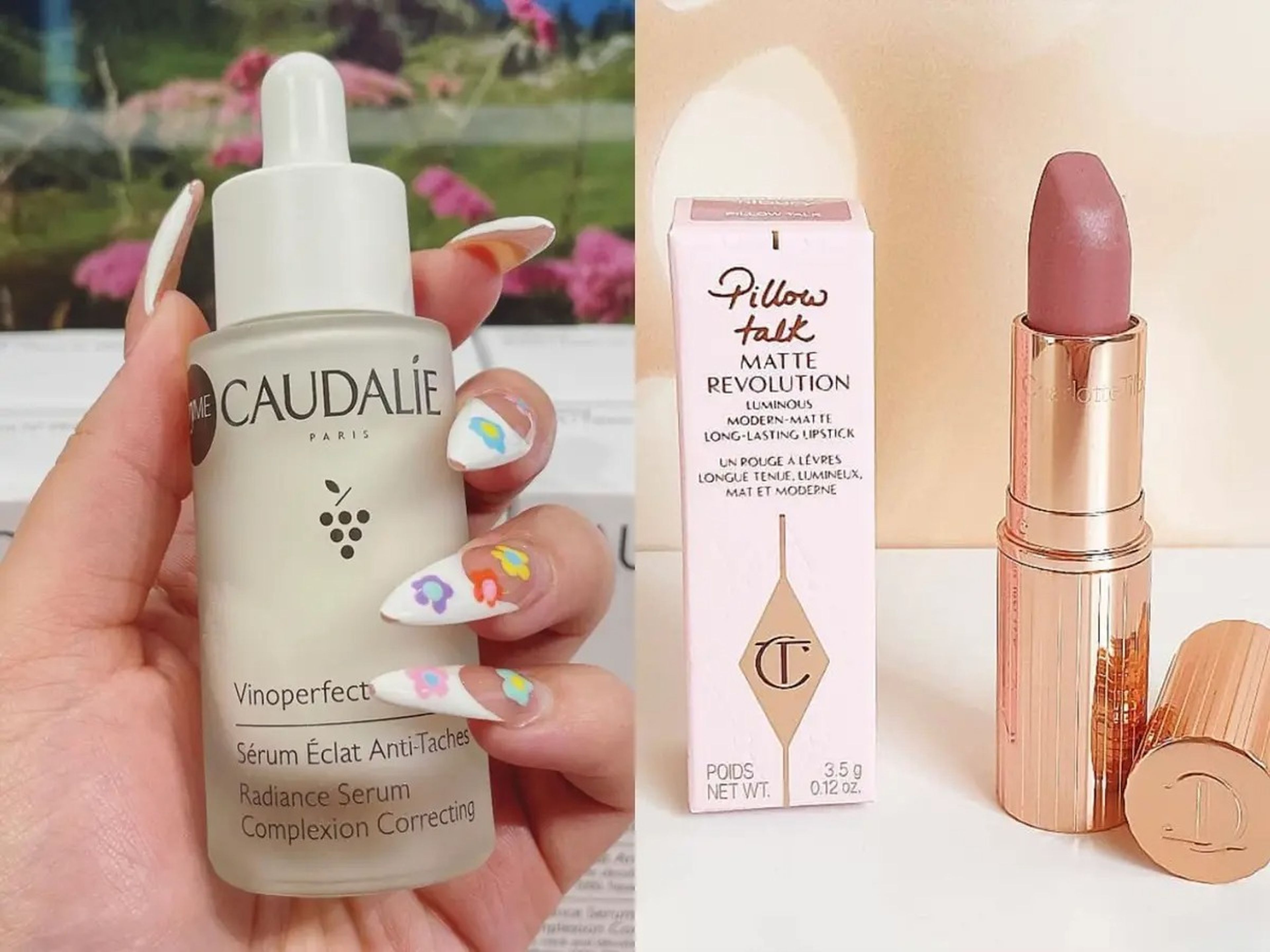 The writer holds a white glass dropper serum in front of Caudalie boxes and plant; A mauve lipstick in a gold tube with cap next to it sits by a pink box with "Pillow Talk" text and Charlotte Tilbury logo in front of Champagne-colored backdrop