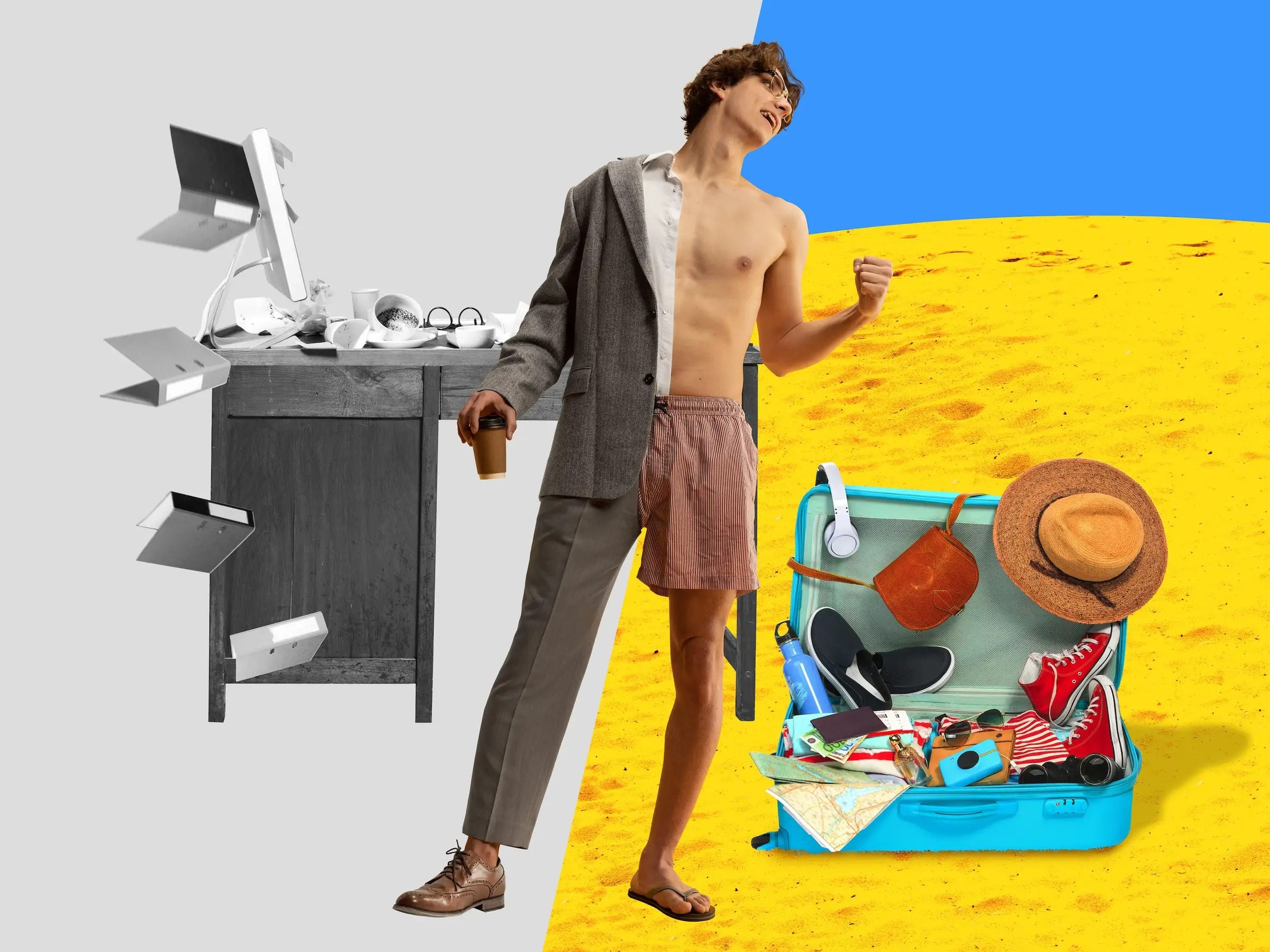 Young man, employee standing at summer beach, packing suits and fishing workings tasks.