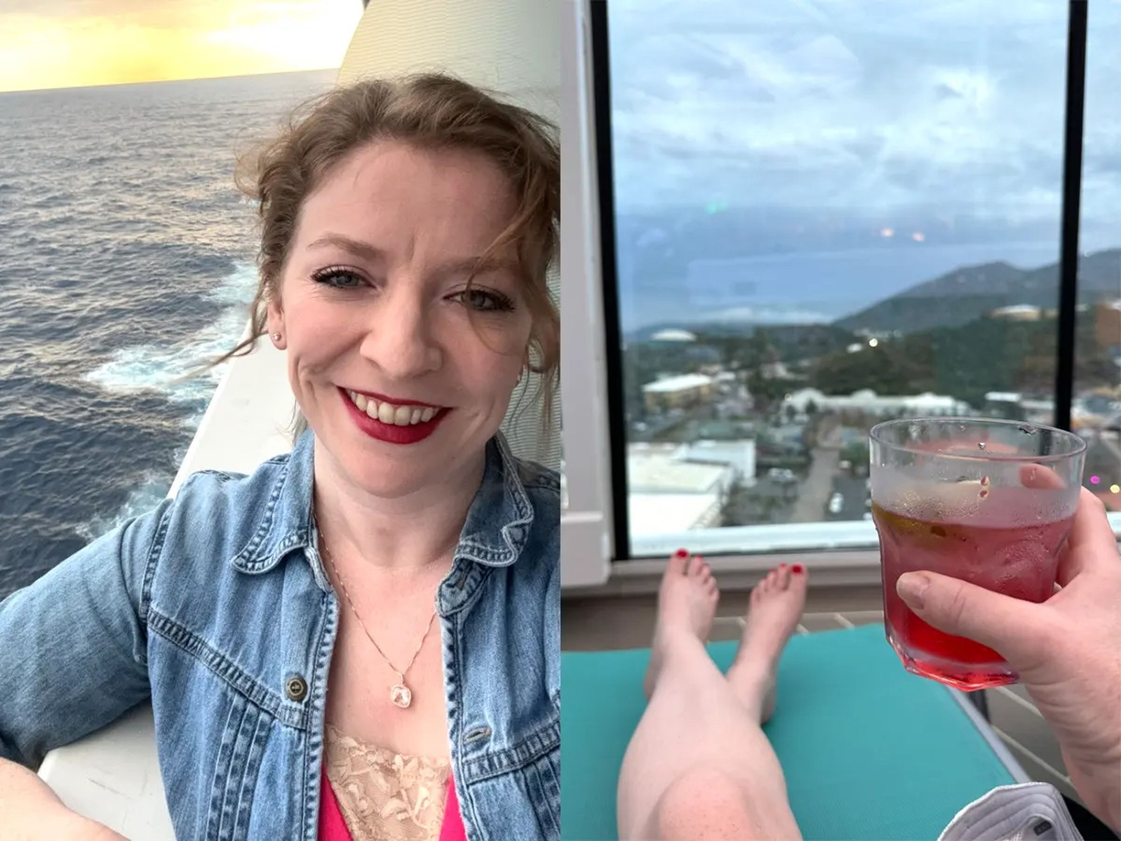 Author Brittany VanDerBill taking a selfie on a cruise next to her holding a drink in front of a rainy view