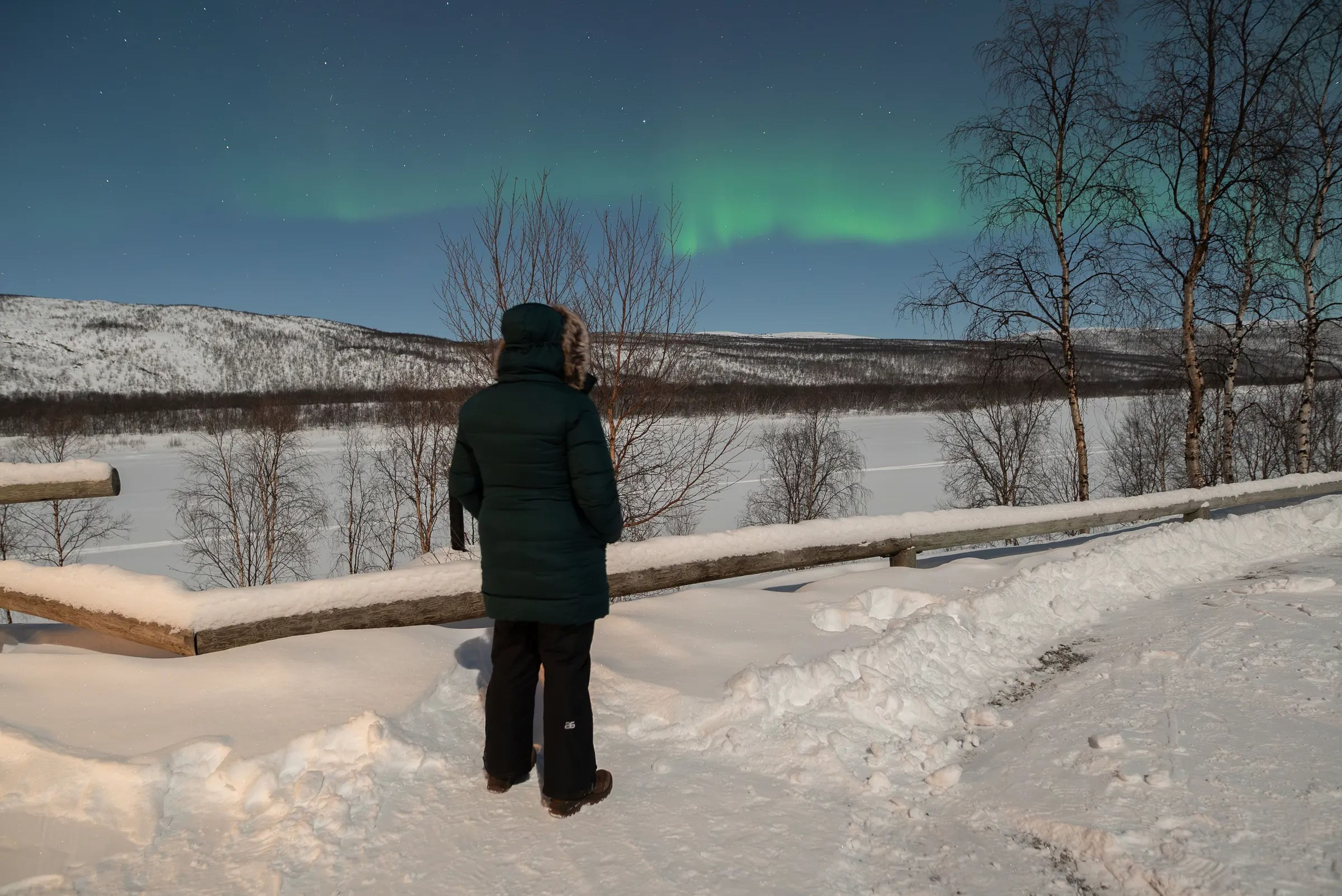 The author standing on snow looking at green northern lights over mountains.