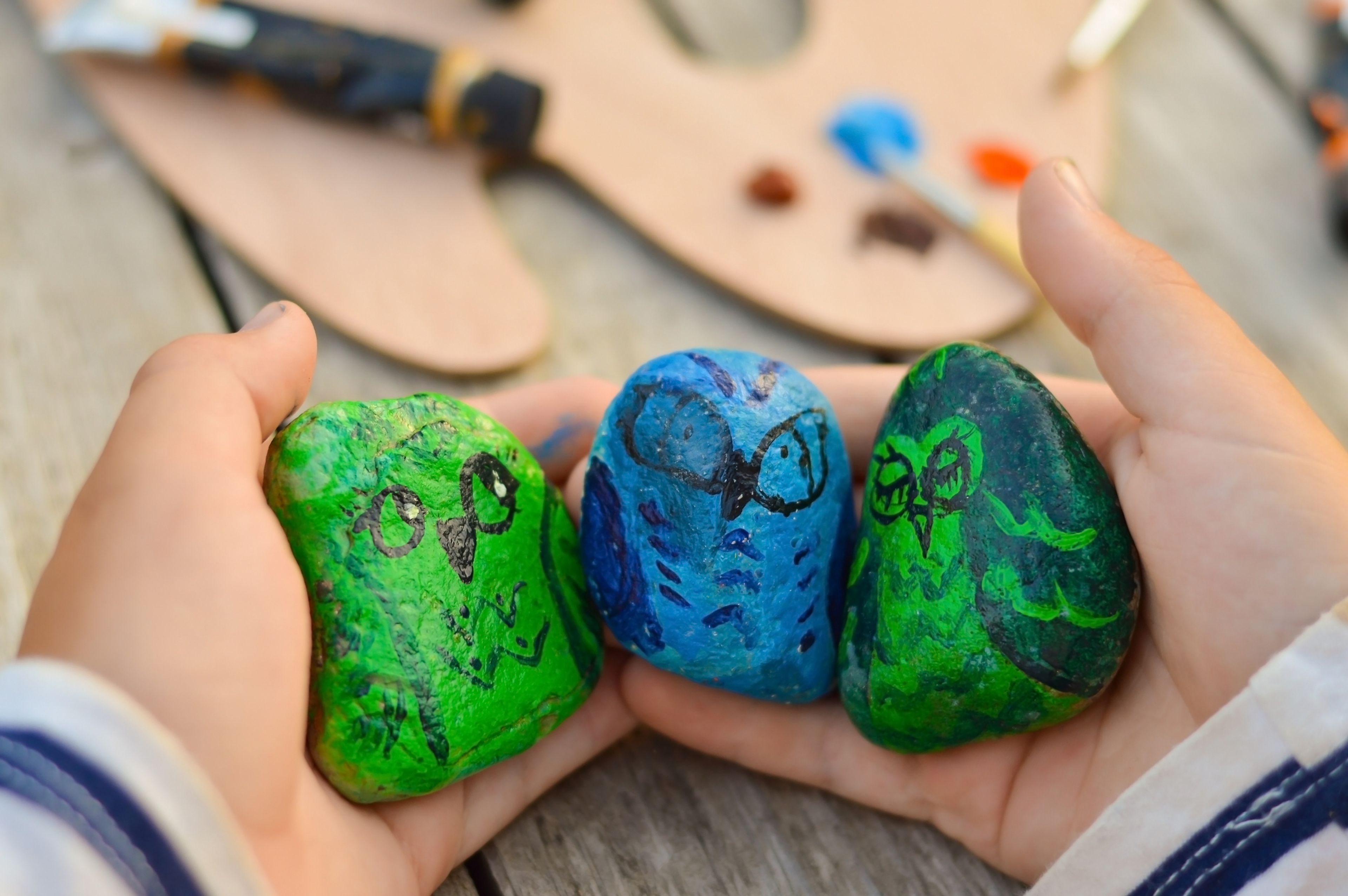 Búhos pintados en piedras