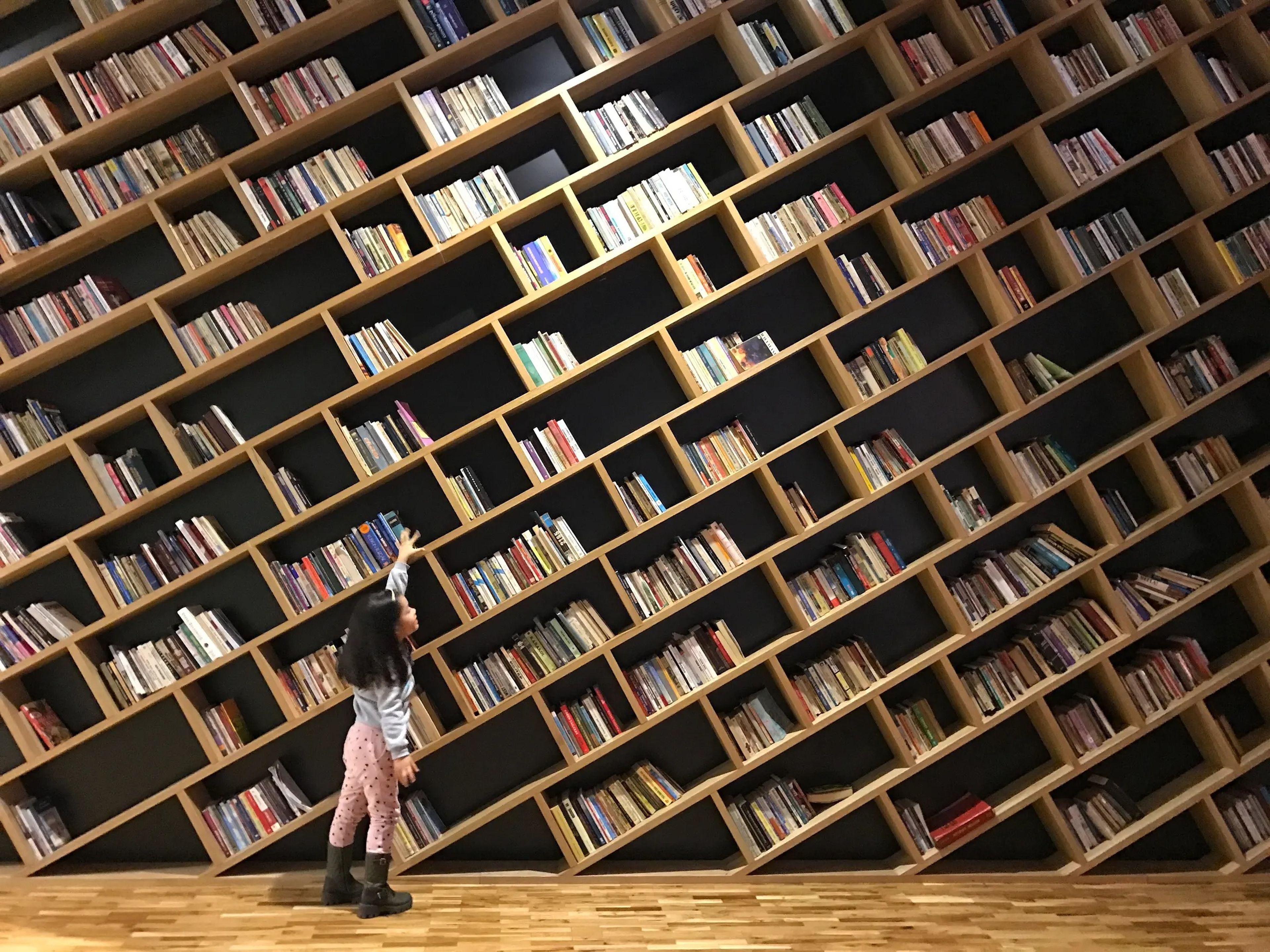 A child is shown reaching up to grab a book from a shelf.