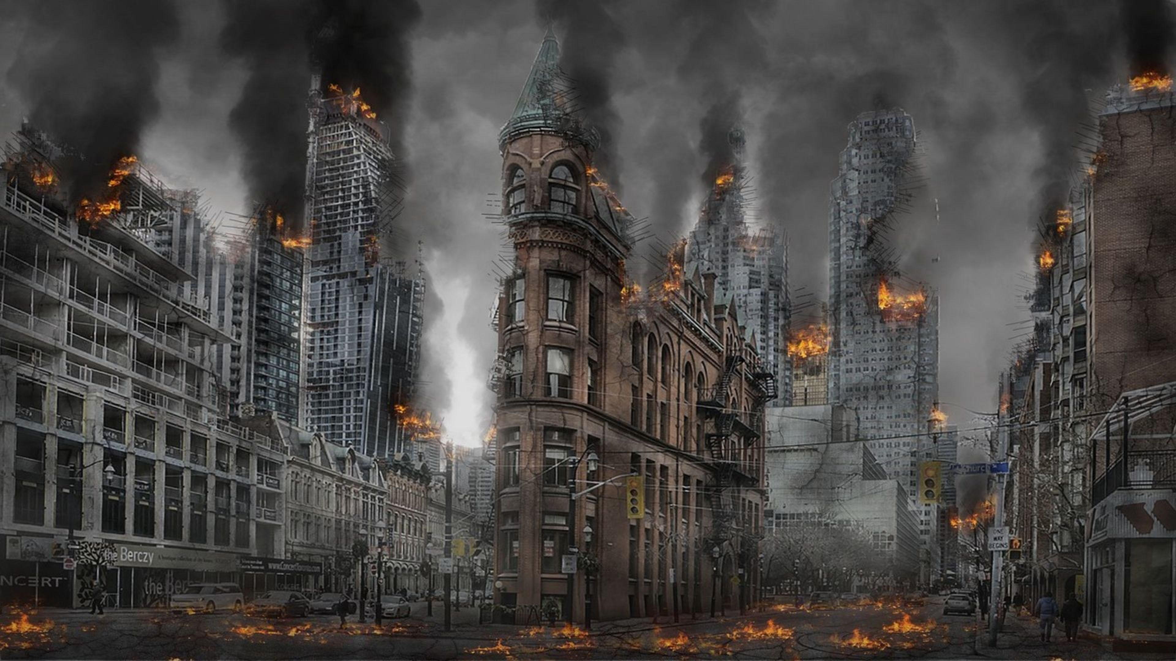 Una ciudad ardiendo en guerra.