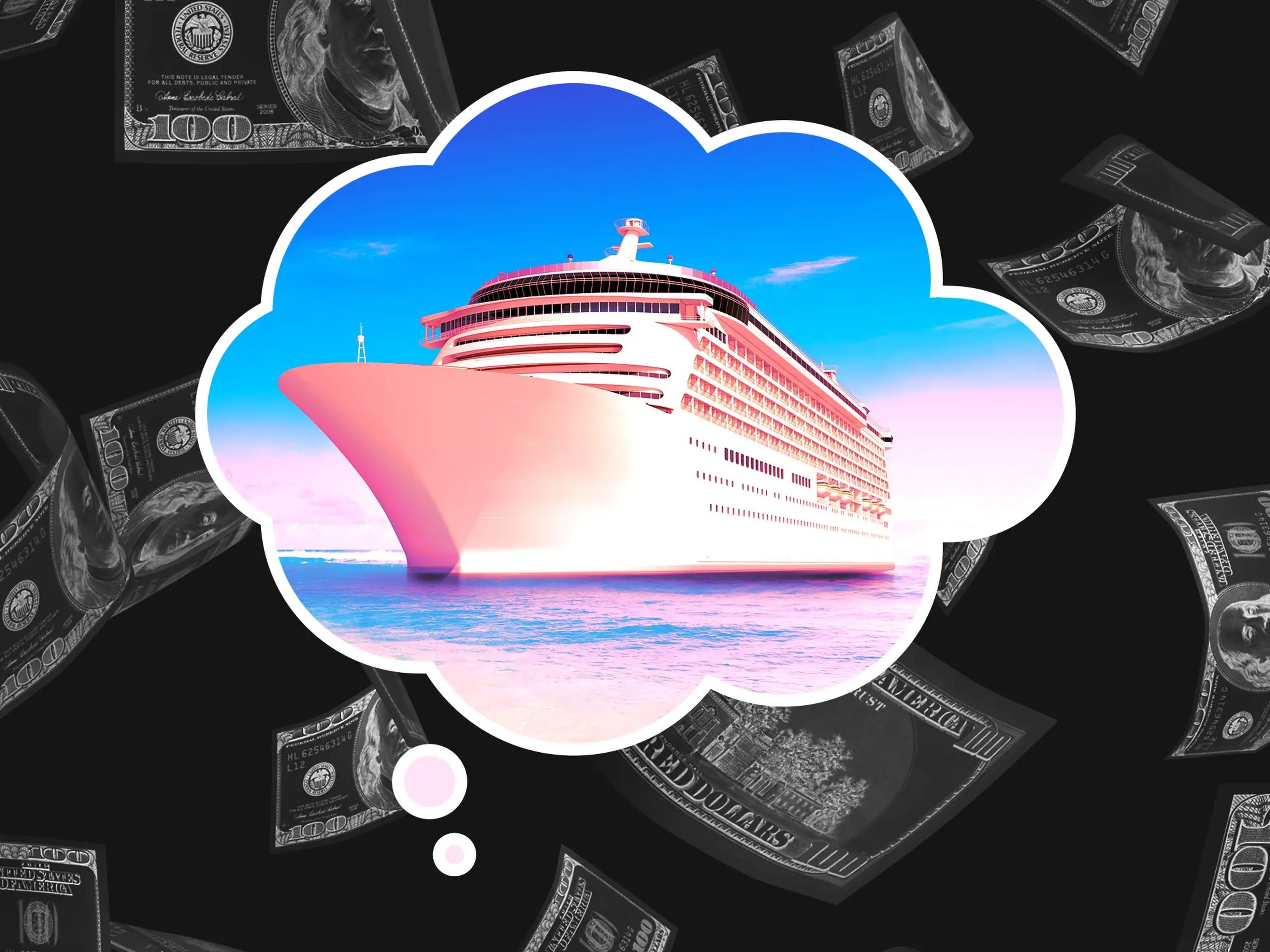 A cruise ship in a thought bubble surrounded by falling money