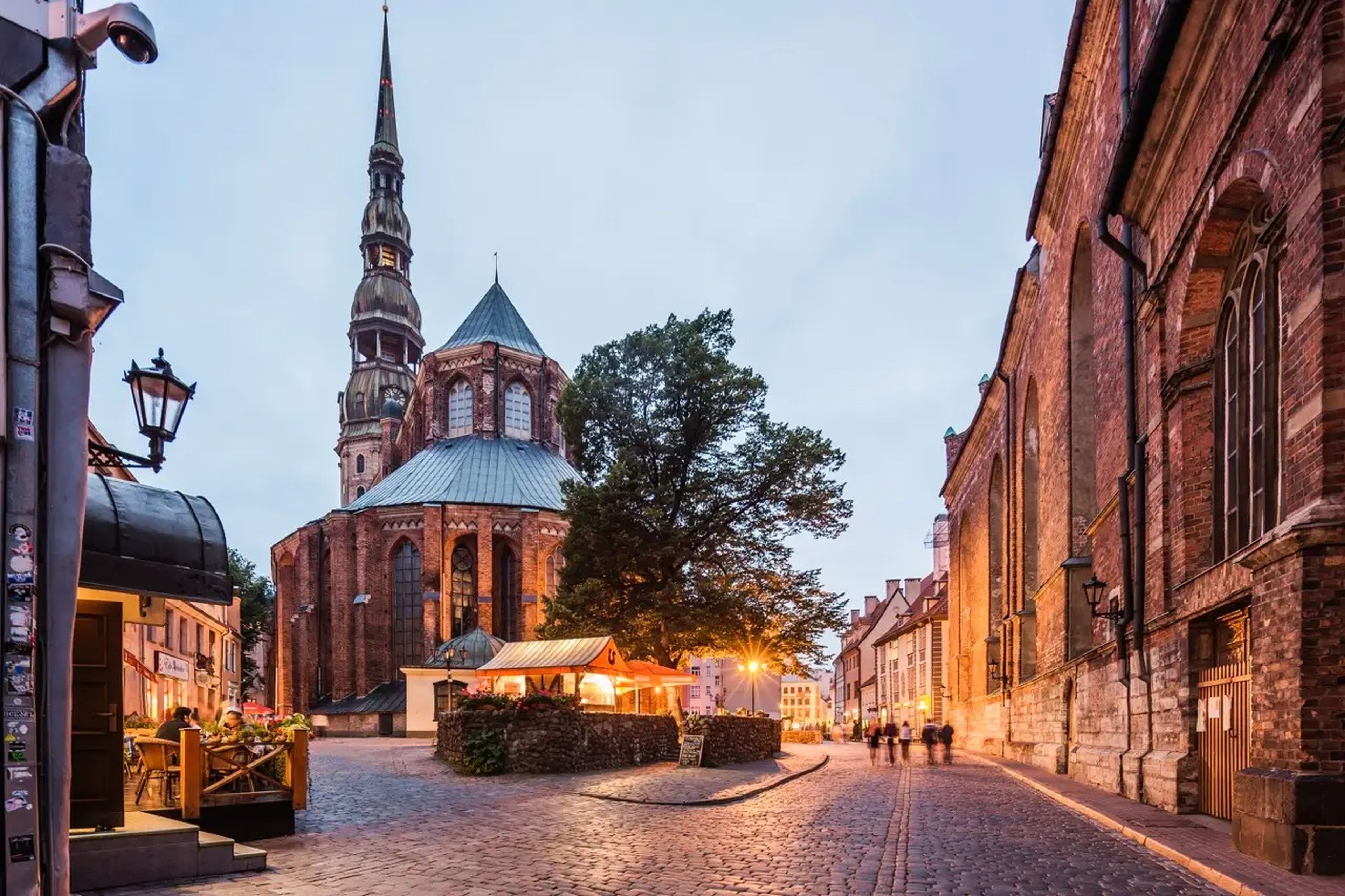 Downtown cobblestone streets near a church in Riga, Latvia