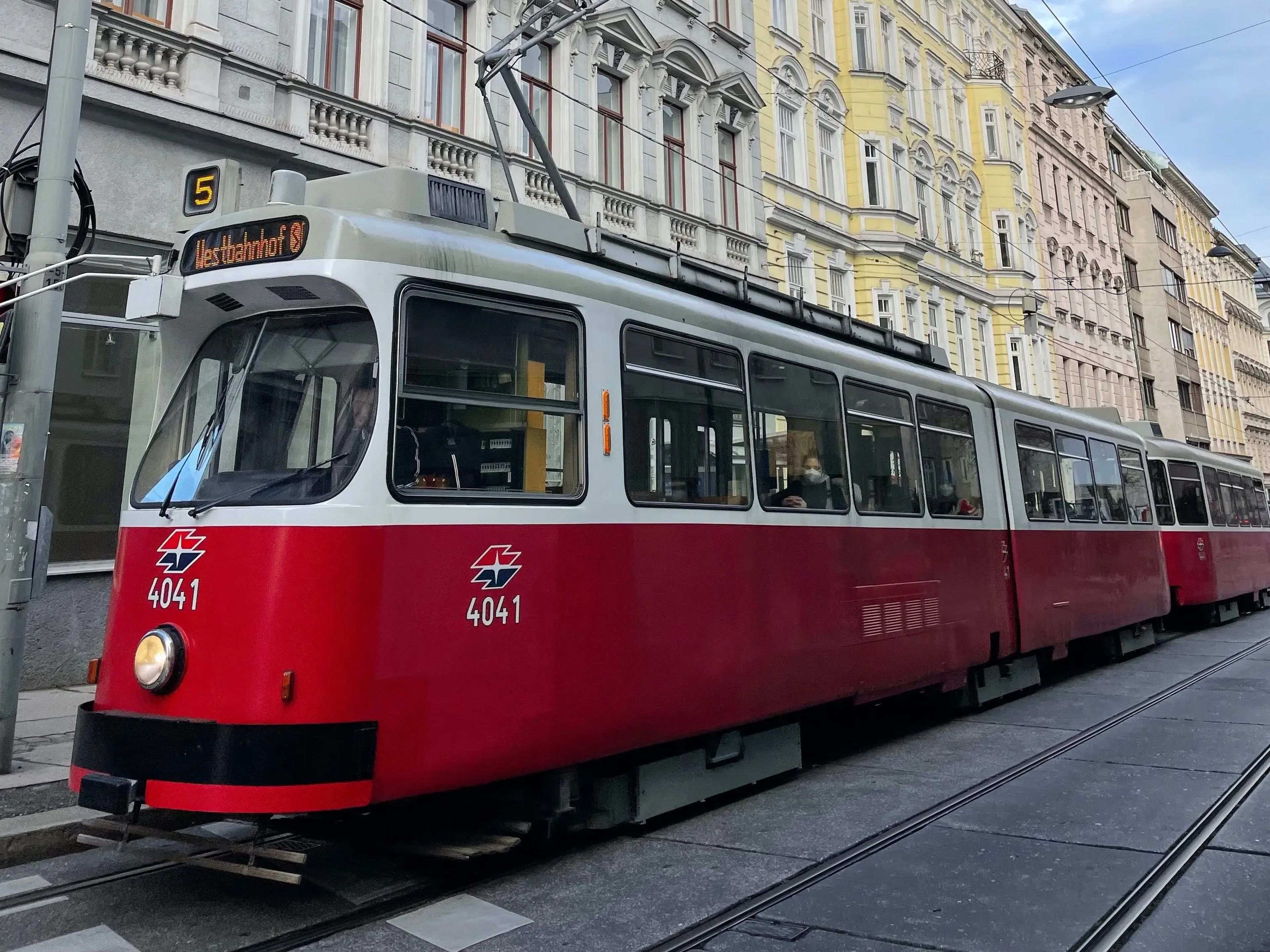 external shot of a street tram in vienna