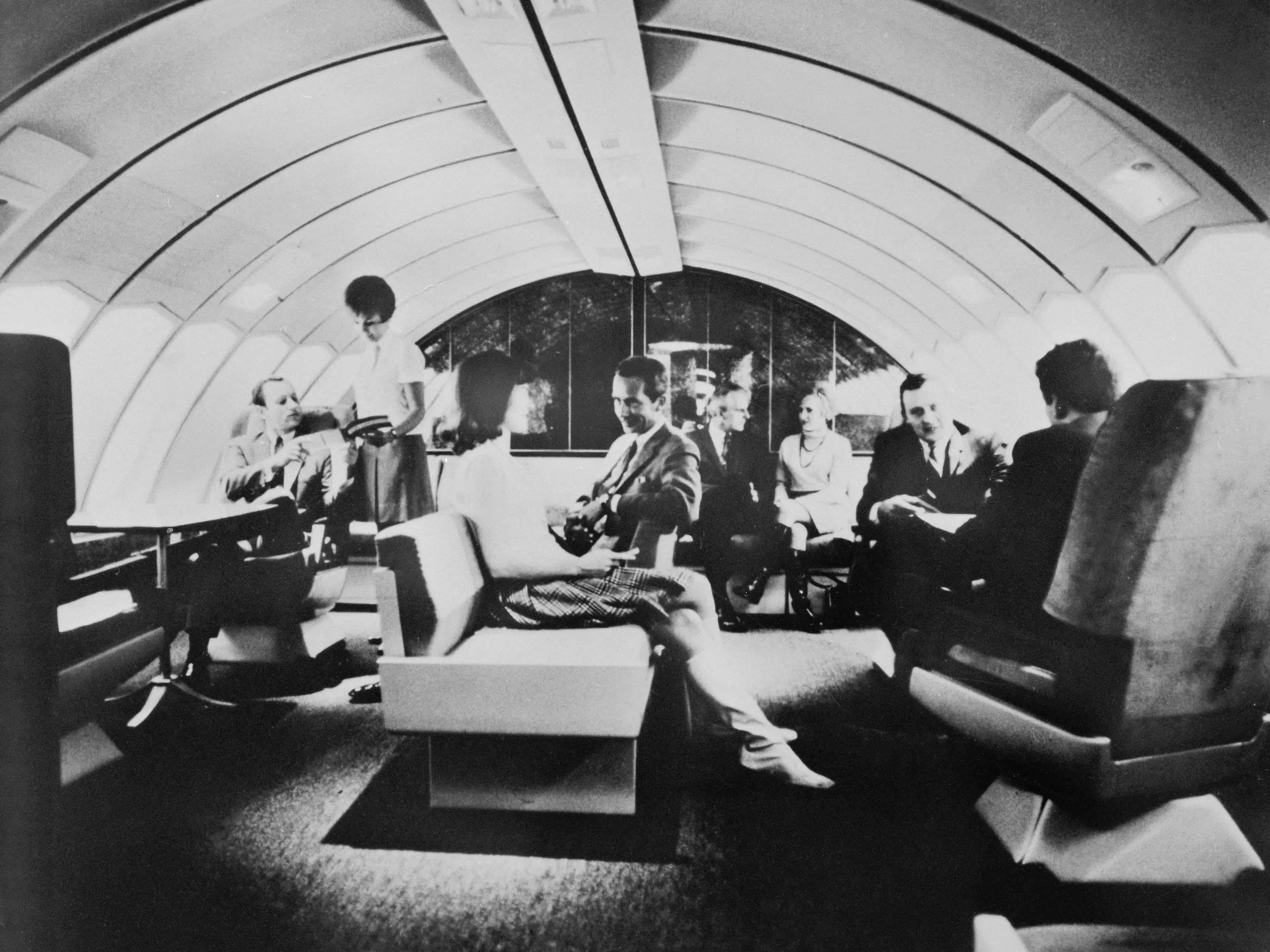 Una sala de primera clase en un Boeing 747.
