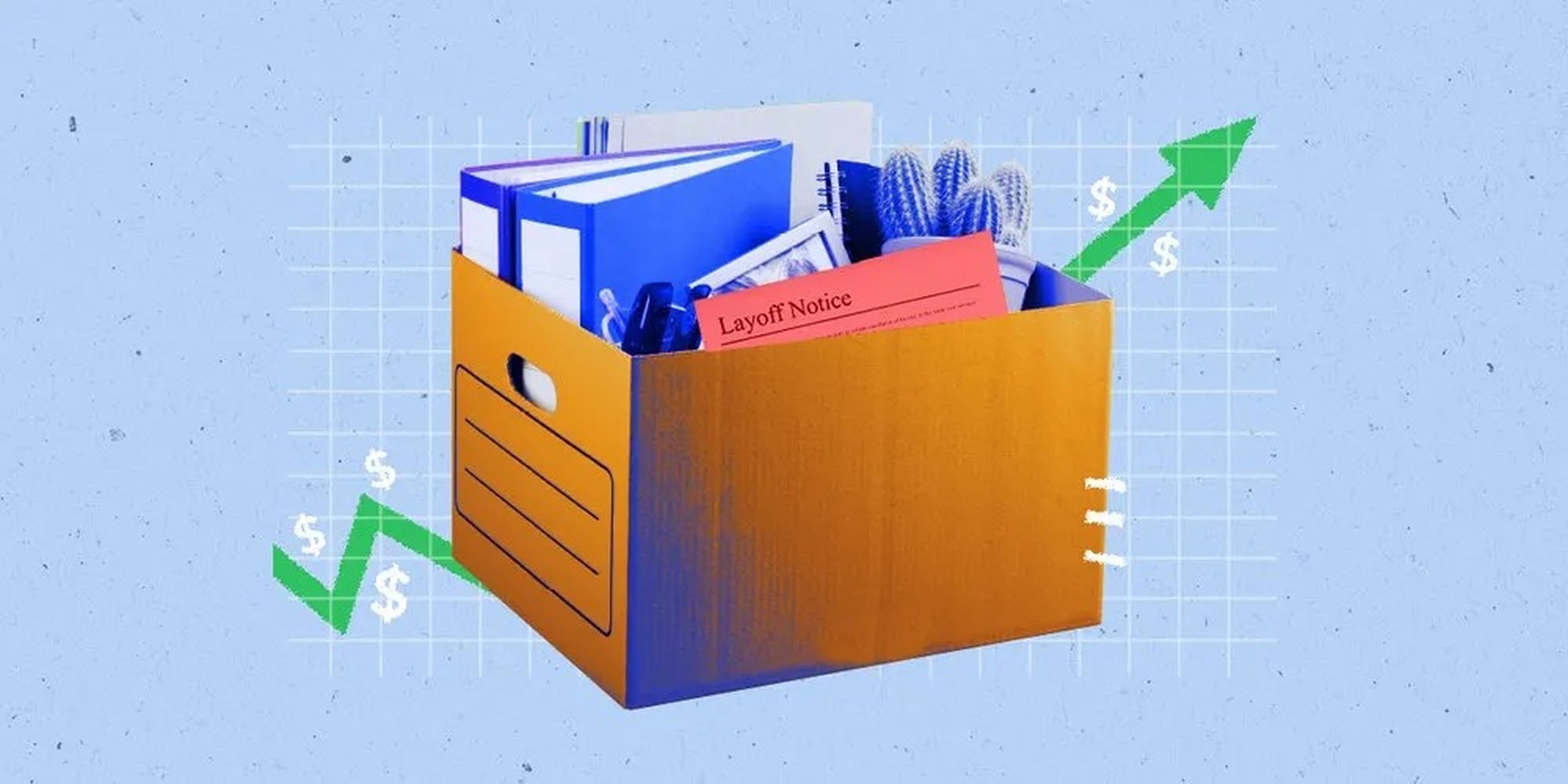 A graphic of a cardboard box filled with office supplies, a symbol of being laid off.