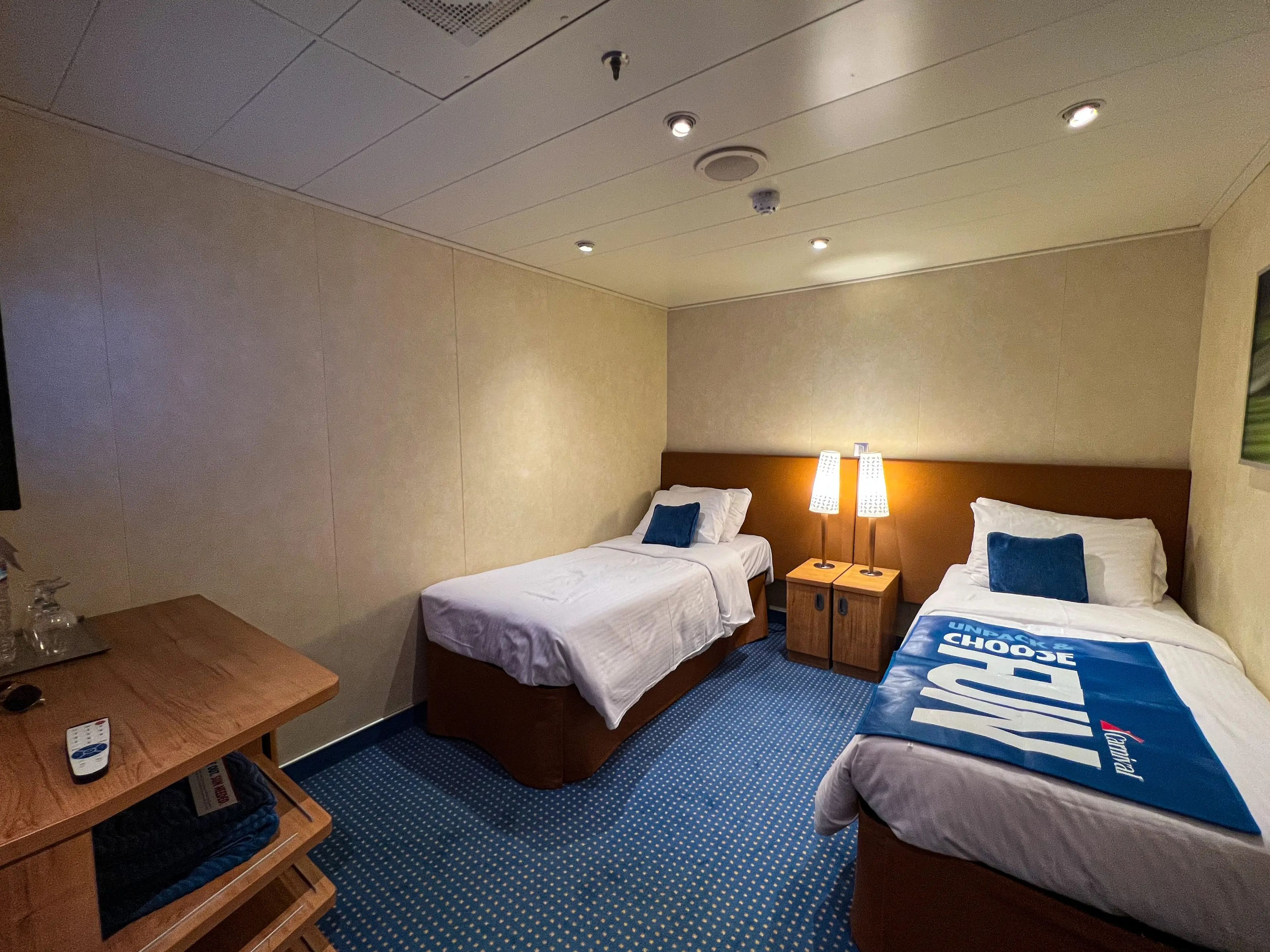 A interior cabin on a cruise ship.