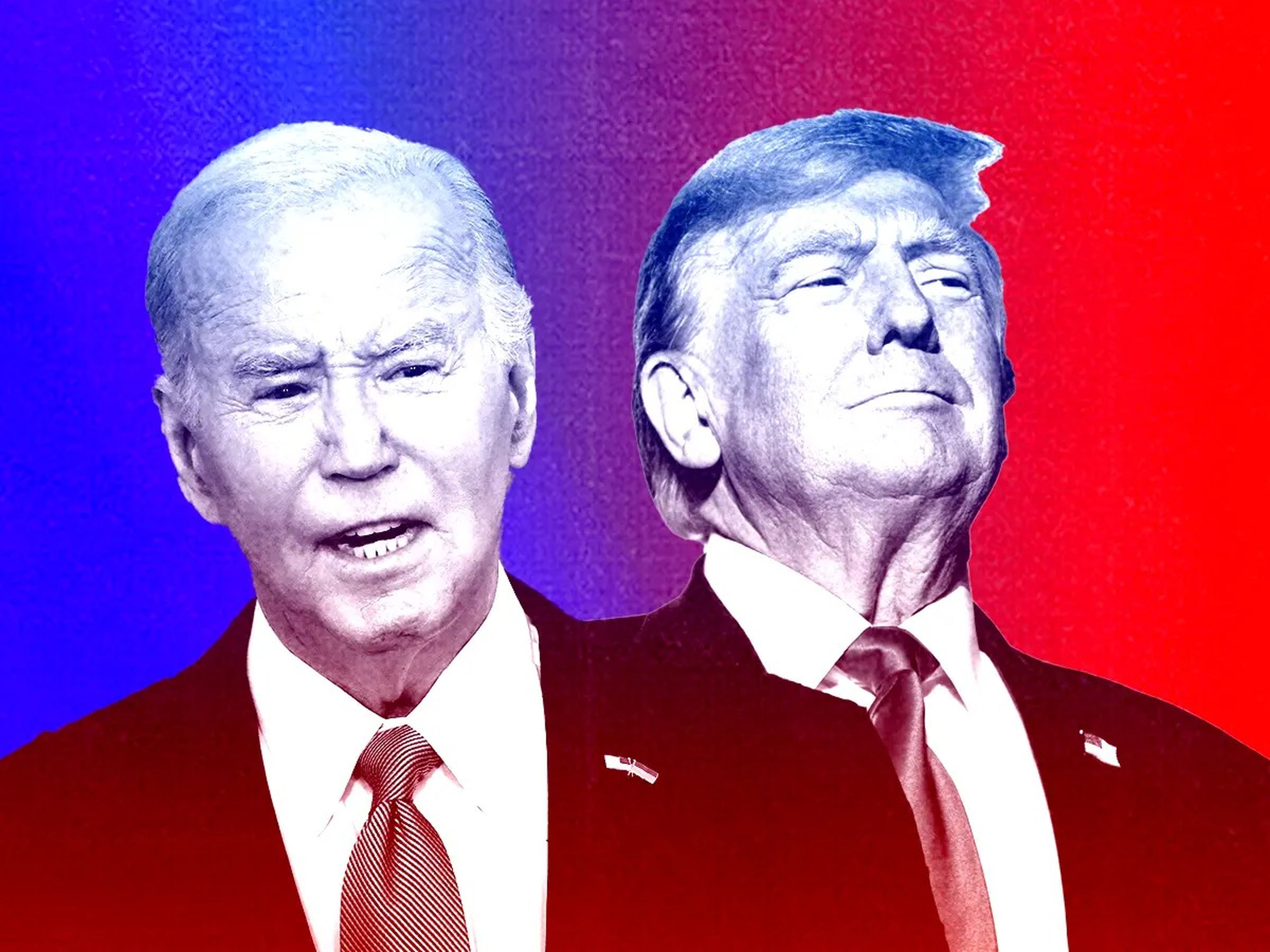 Joe Biden (left) and Donald Trump (right) against a red and blue background.
