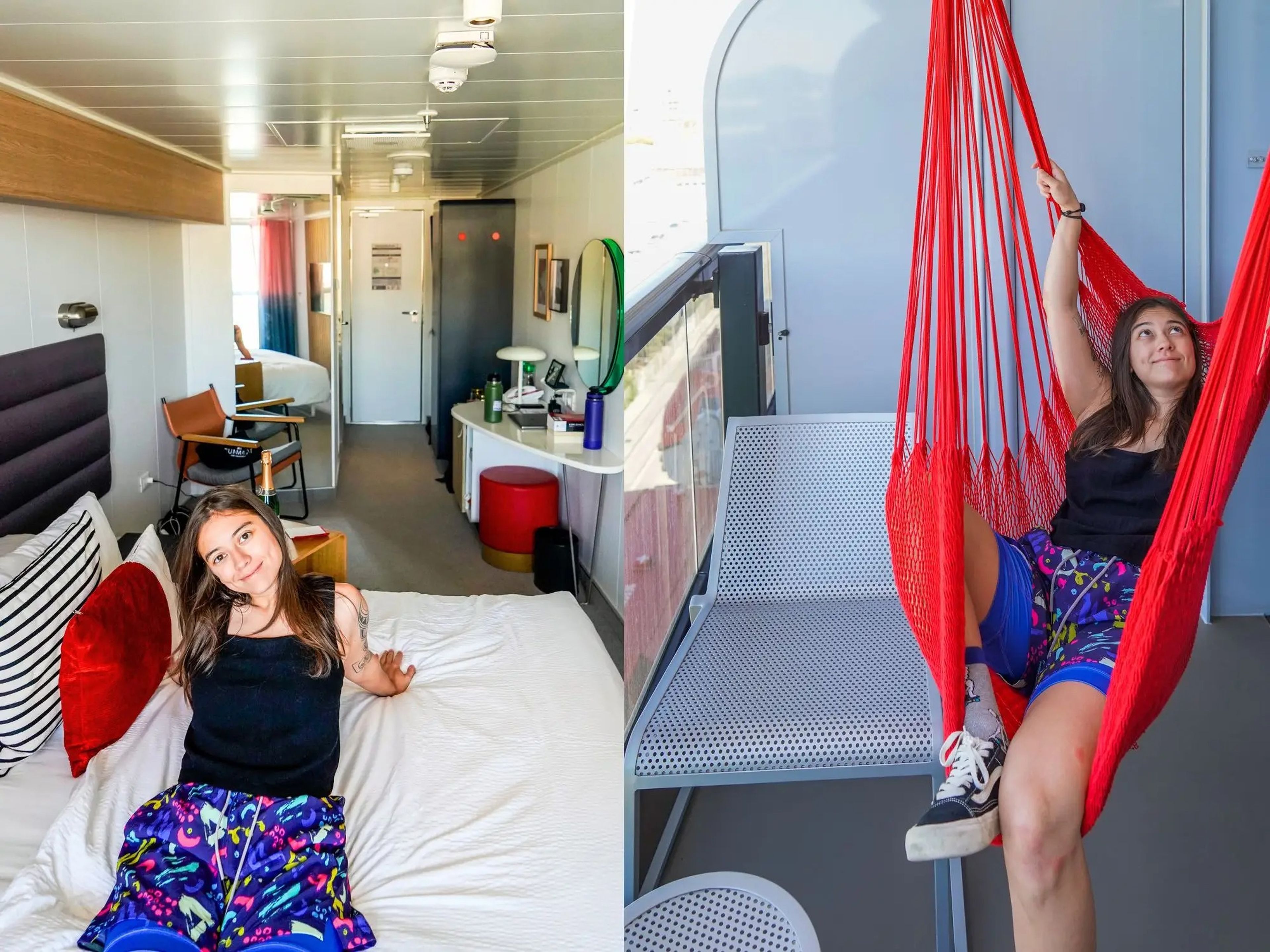 L: The author sits on a bed with white sheets and a red pillow on the left. Behind her is the cruise ship cabin R: the author in a black top and blue shorts relaxes in a red hammock