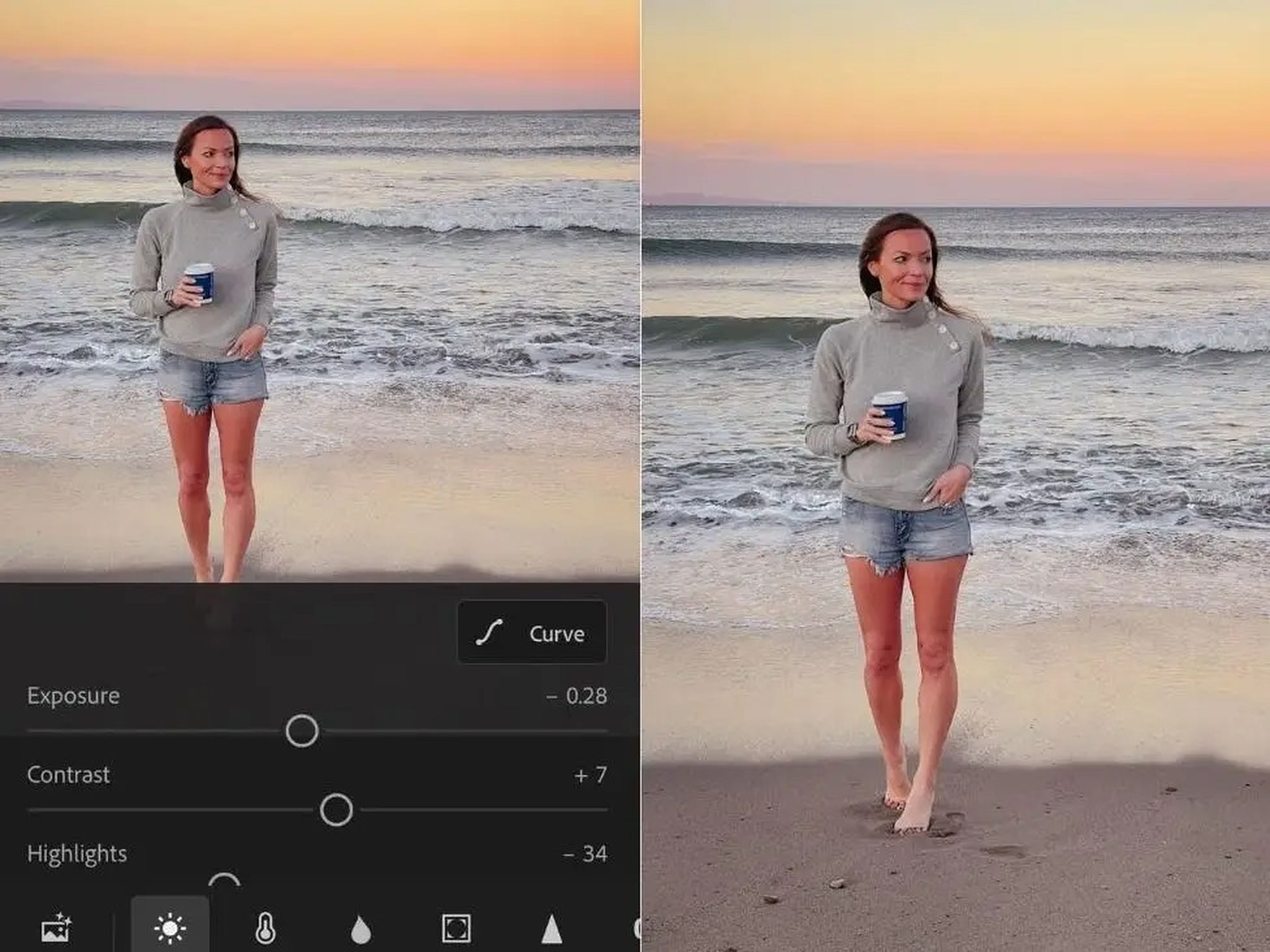 On the left, a photo of Emily standing on the beach at sunset, with Lightroom controls at the bottom. On the right, the same photo of Emily edited.
