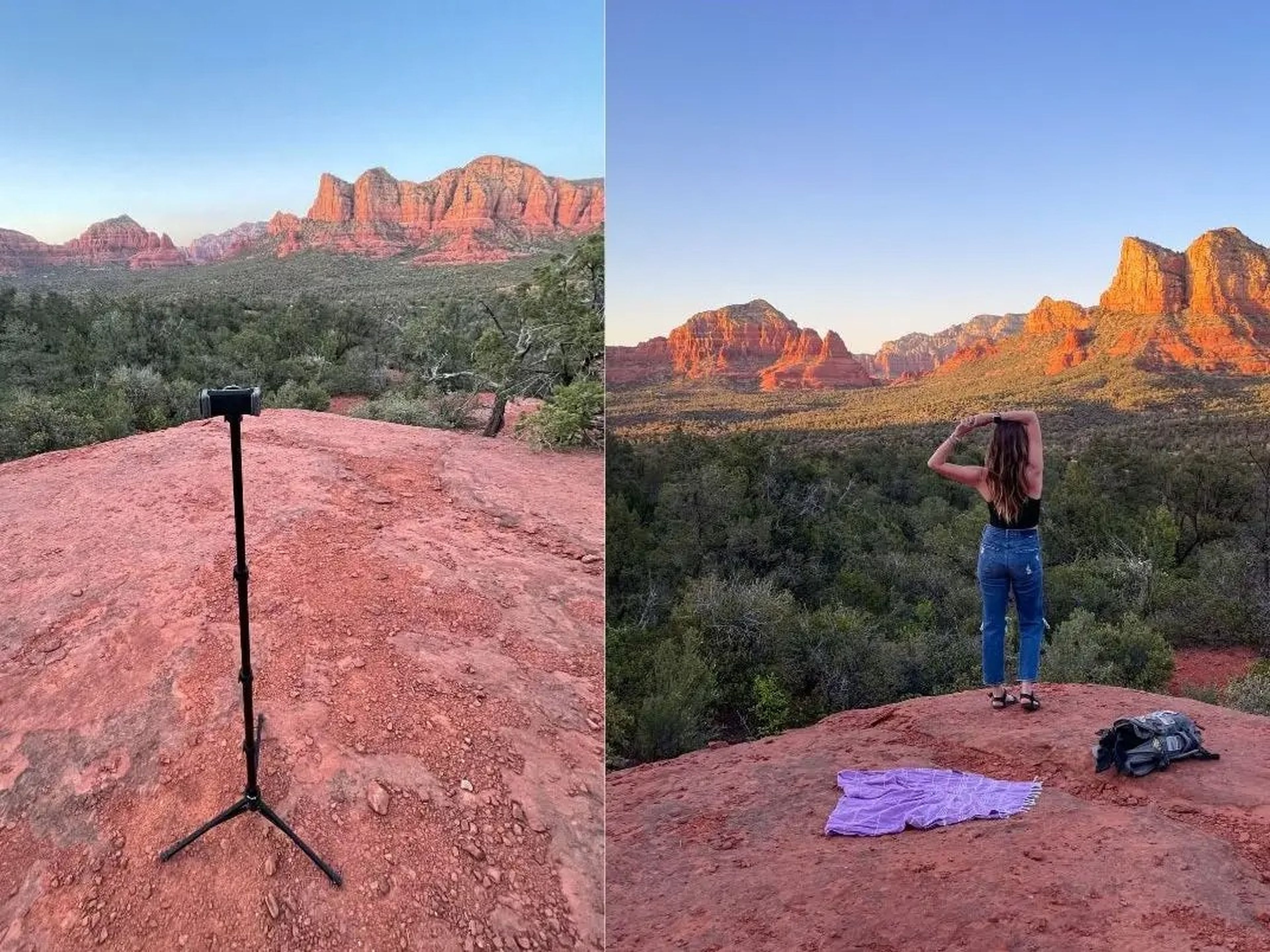 On the left, a smartphone tripod is set up on a red rock, overlooking trees and rock formations. On the right, Emily stands on a red rock with her arms stretched over her head, looking our at the trees and rock formations.