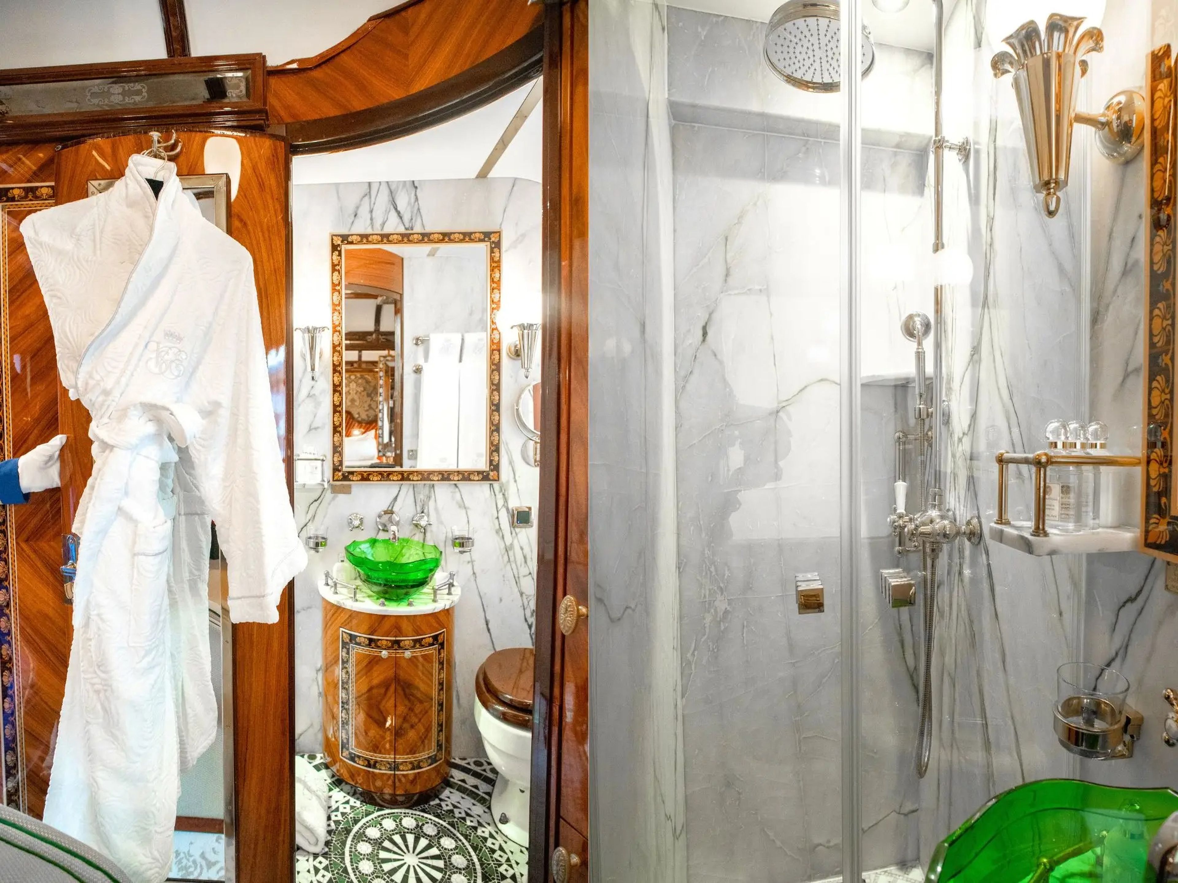 Left: a wood door opens to reveal a marble bathroom with white robes hanging on the left. Right: A silver shower head behind a glass door in a bathroom with marble walls
