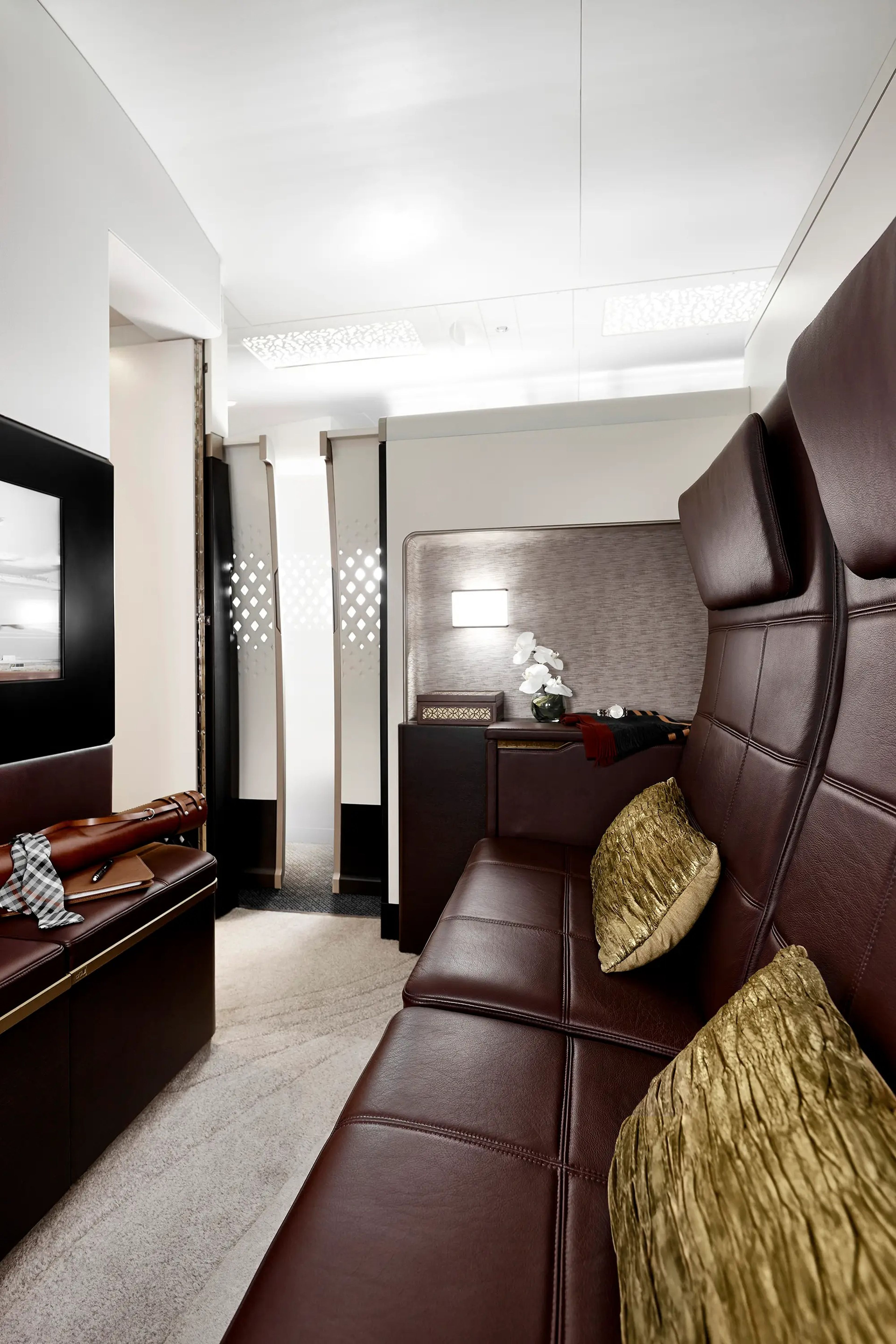 La sala de estar a bordo de uno de los A380 de Etihad.