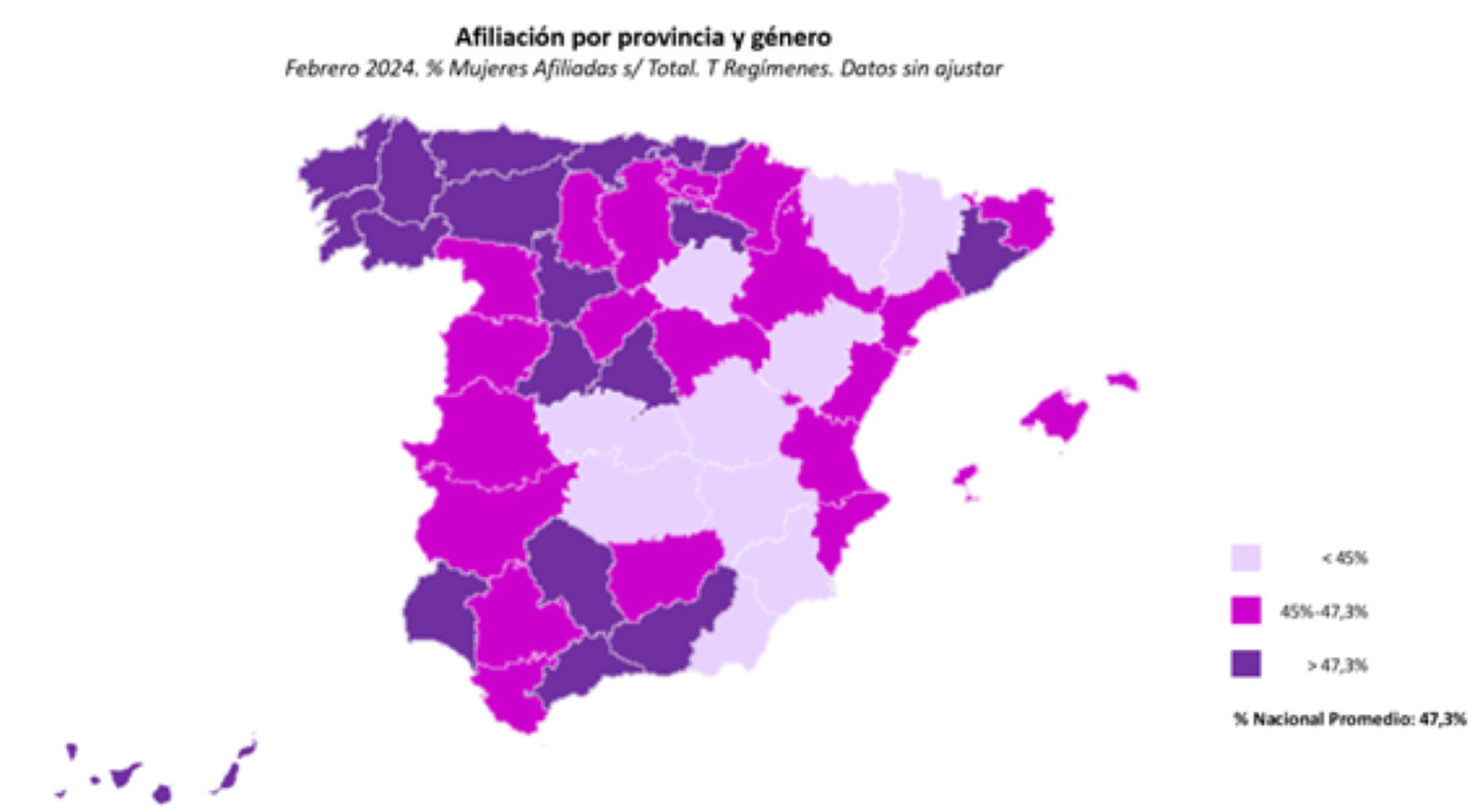 Mapa del empleo femenino en España, afiliación por género en febrero de 2024.