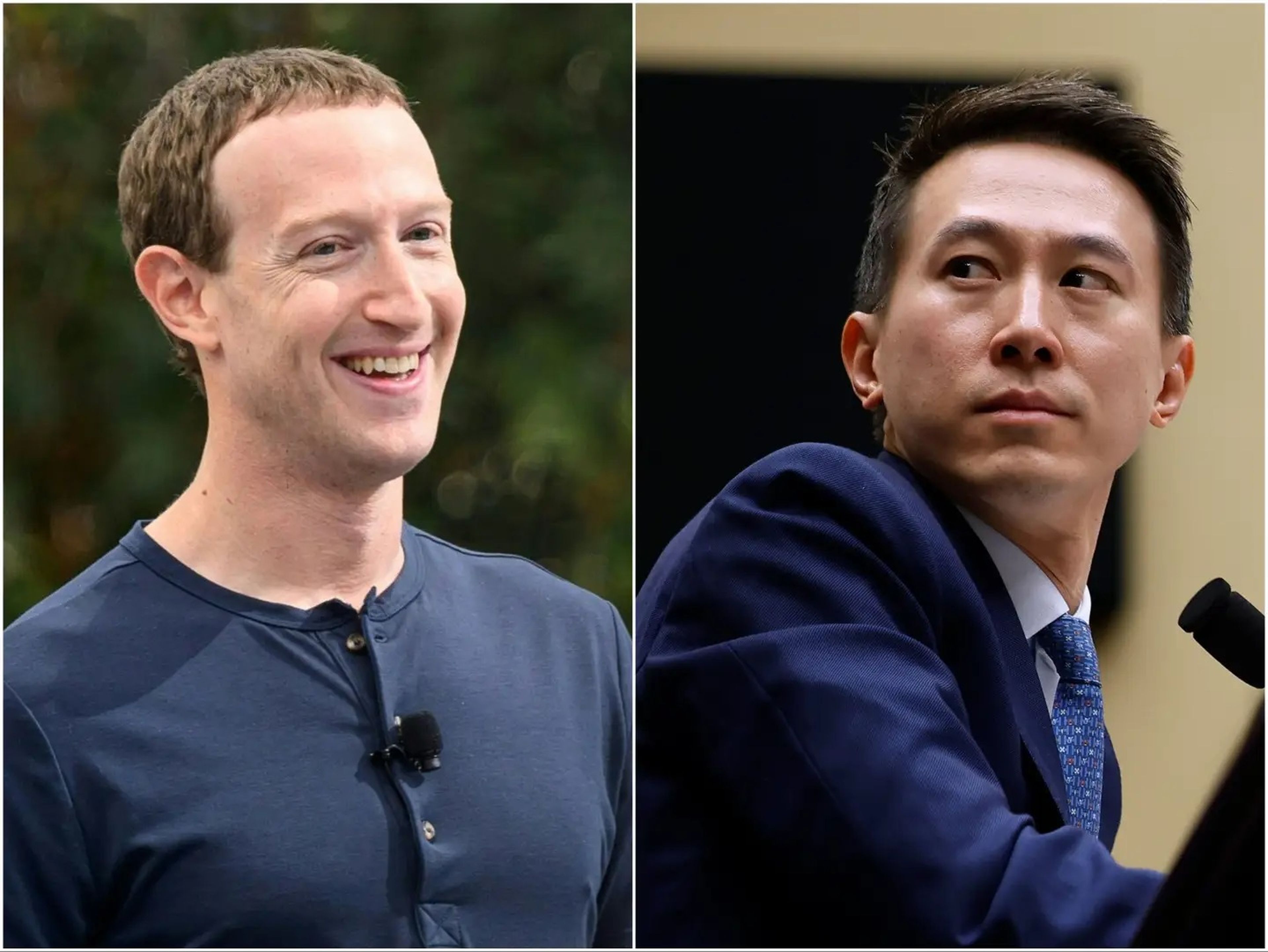 Mark Zuckerberg es el CEO de Meta (izquierda), la matriz de Instagram; y Shou Chew es el director ejecutivo de TikTok, filial de la tecnológica china ByteDance.