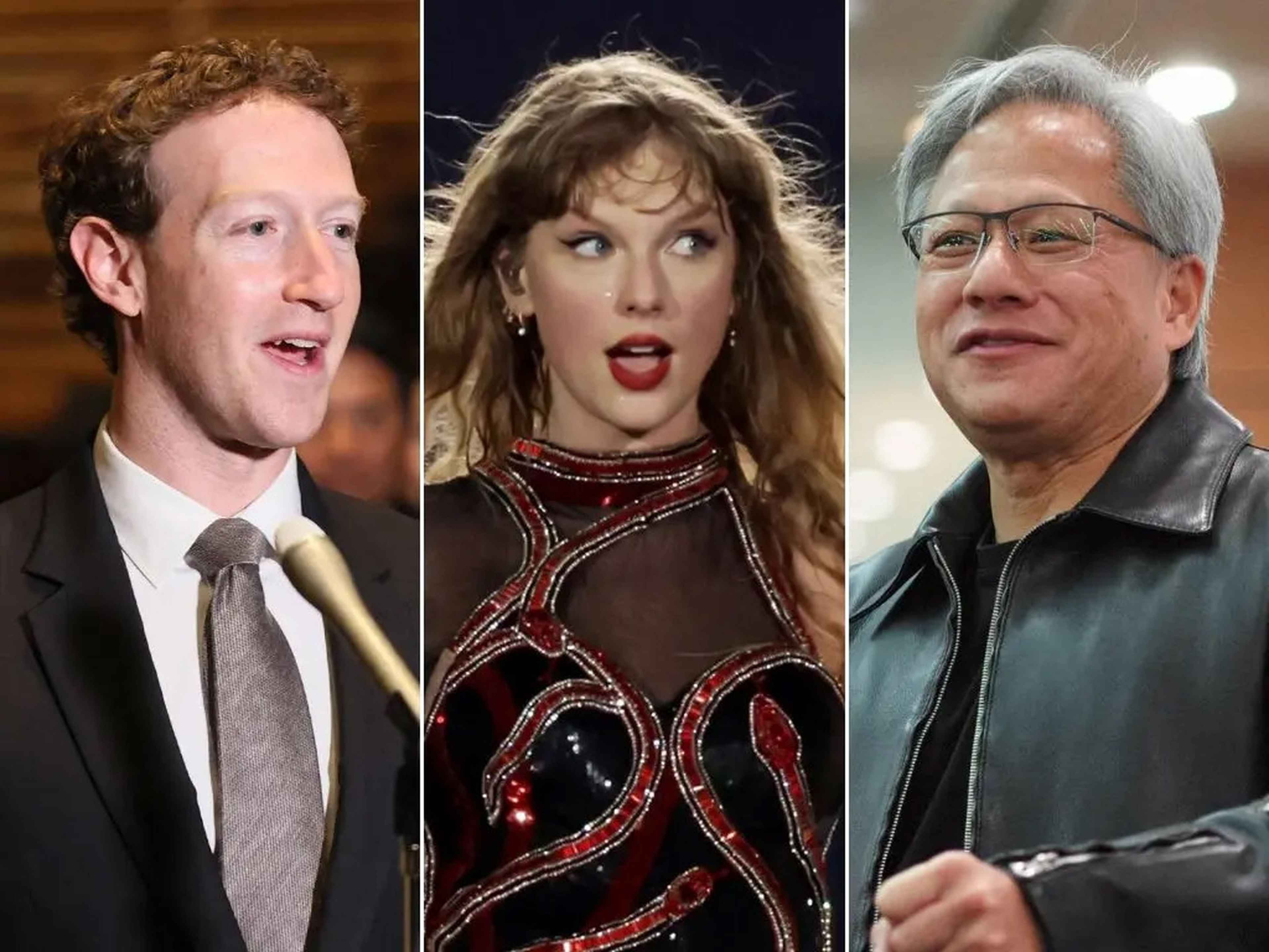Mark Zuckerberg (left), Taylor Swift (center), and Jensen Huang (right).