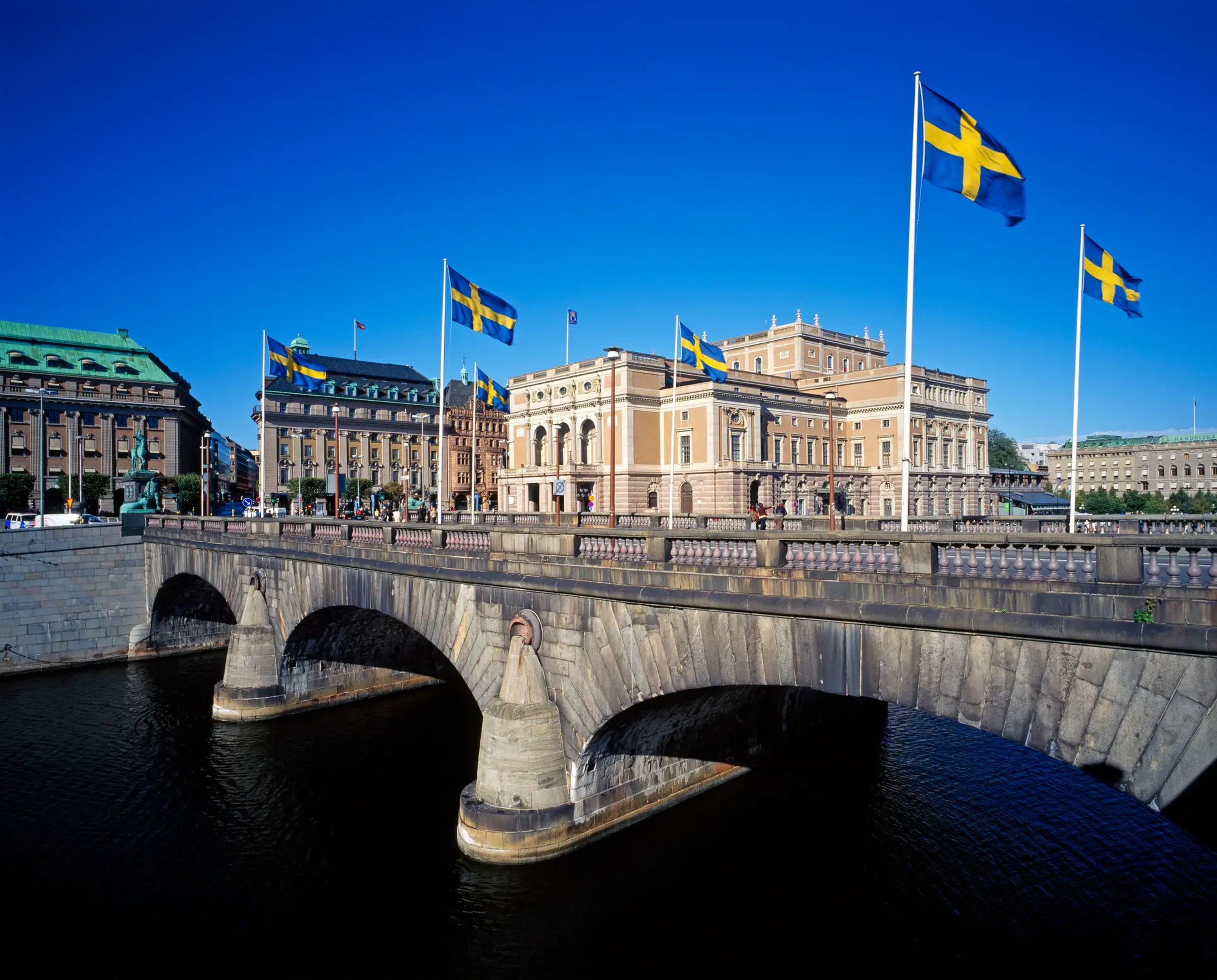 Norrbro Bridge and the Royal Opera building in Stockholm, Sweden.