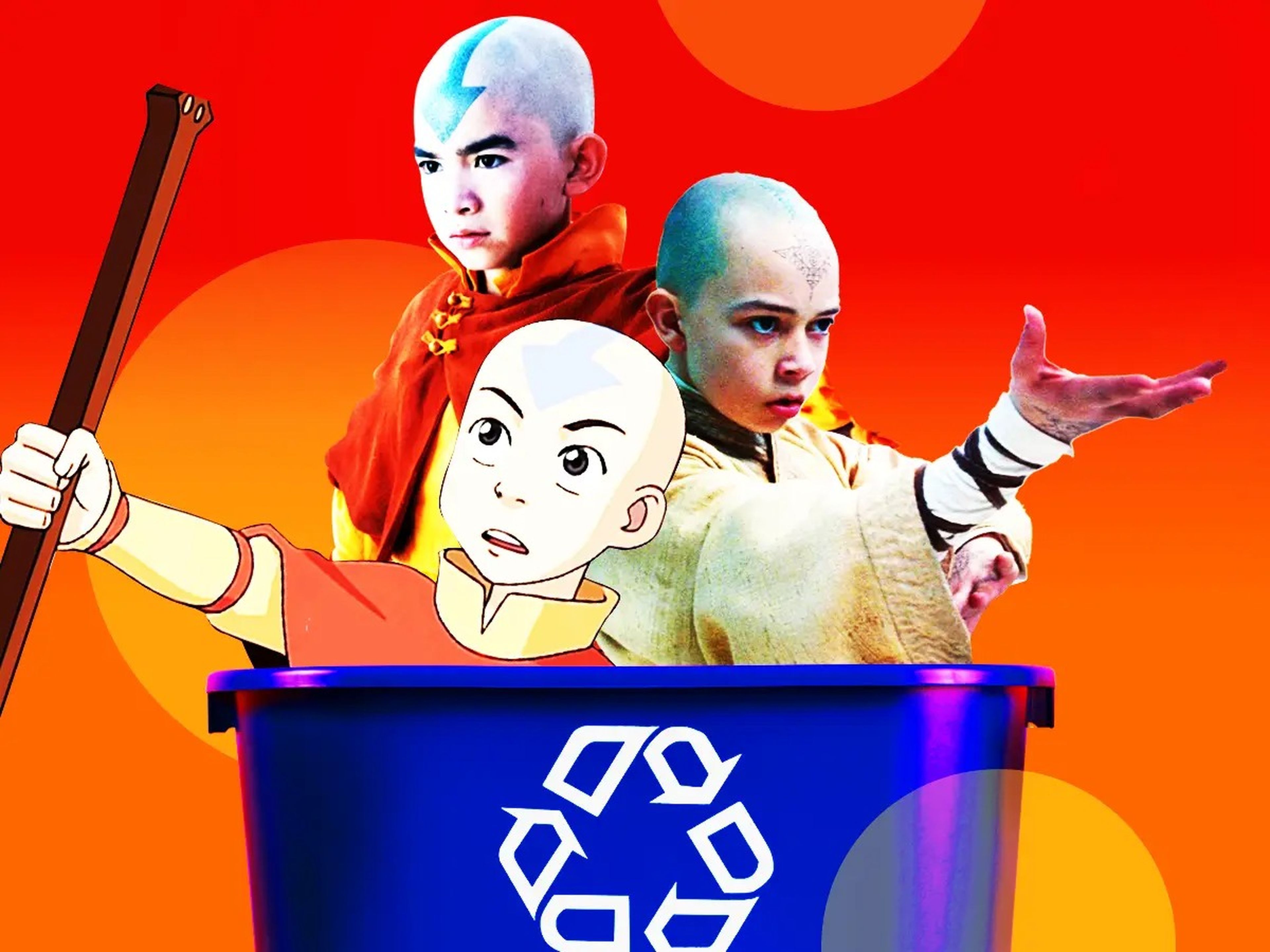 Photo collage featuring Avatar: The Last Airbender (2024, 2010 and the cartoon) in a recycling bin