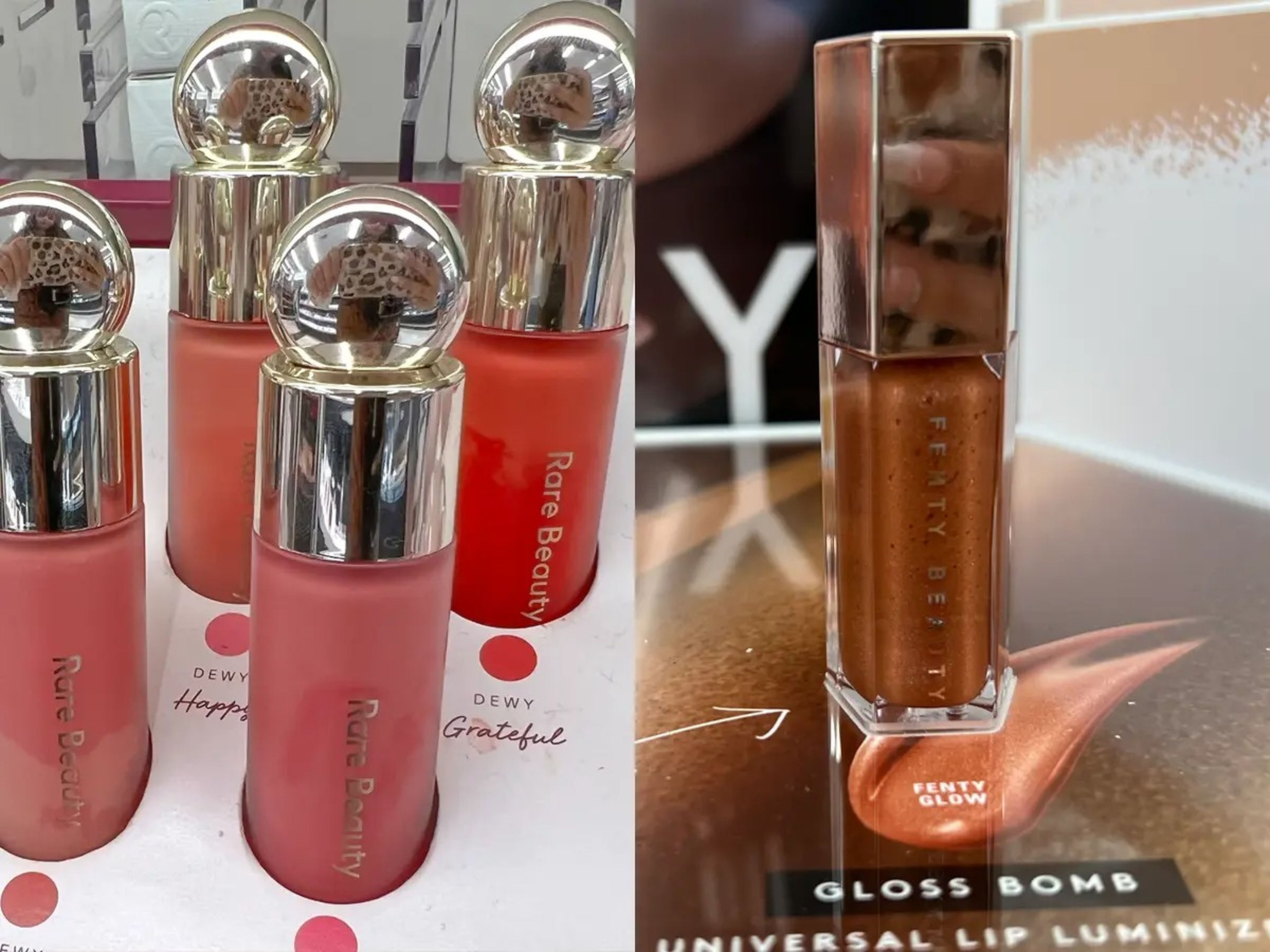Rare Beauty liquid blushes on display at Sephora; Fenty Beauty Gloss Bomb in Fenty Glow on display at Sephora