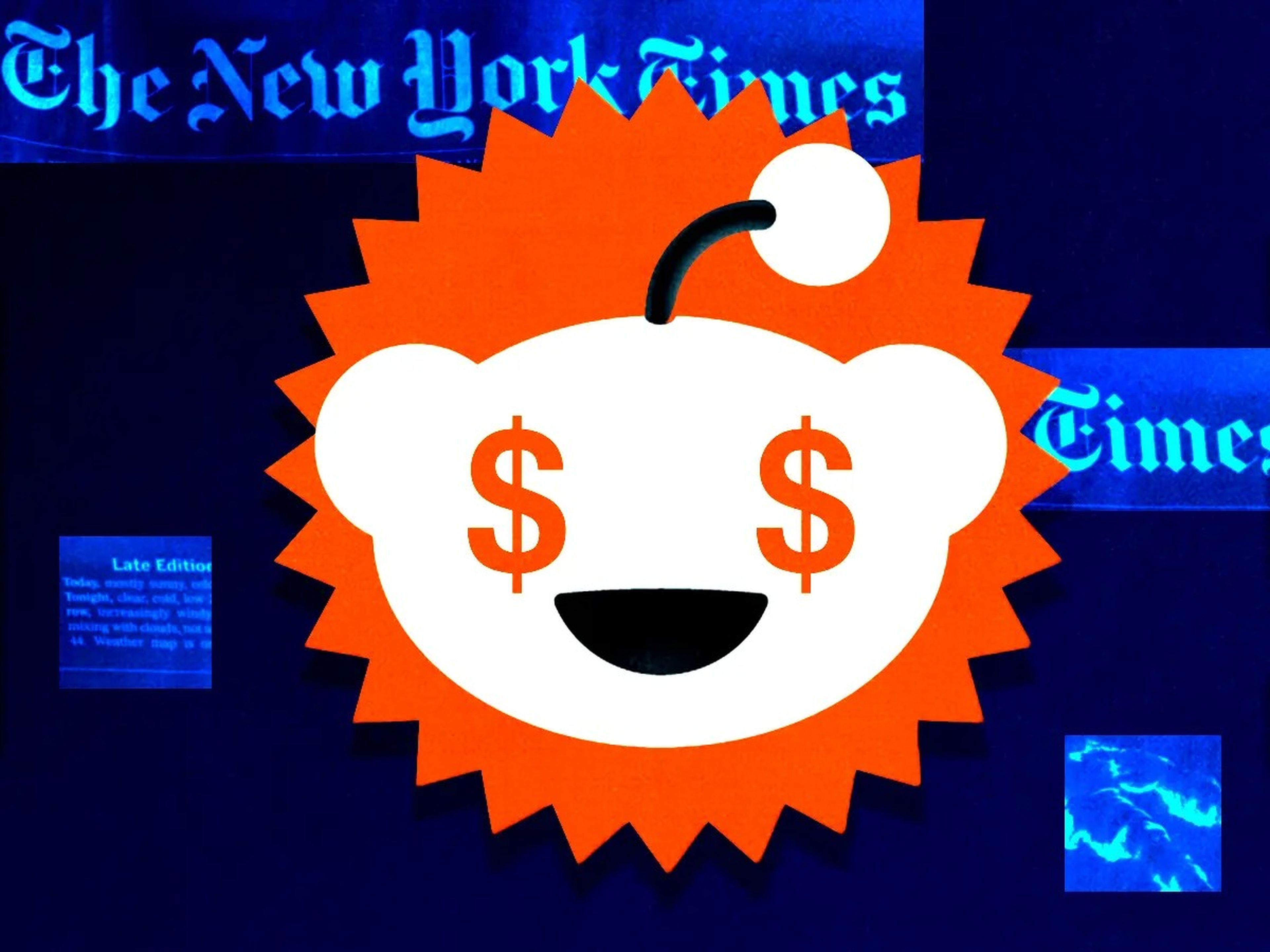 Reddit logo with dollar signs for eyes and flag of The New York Times in the background.