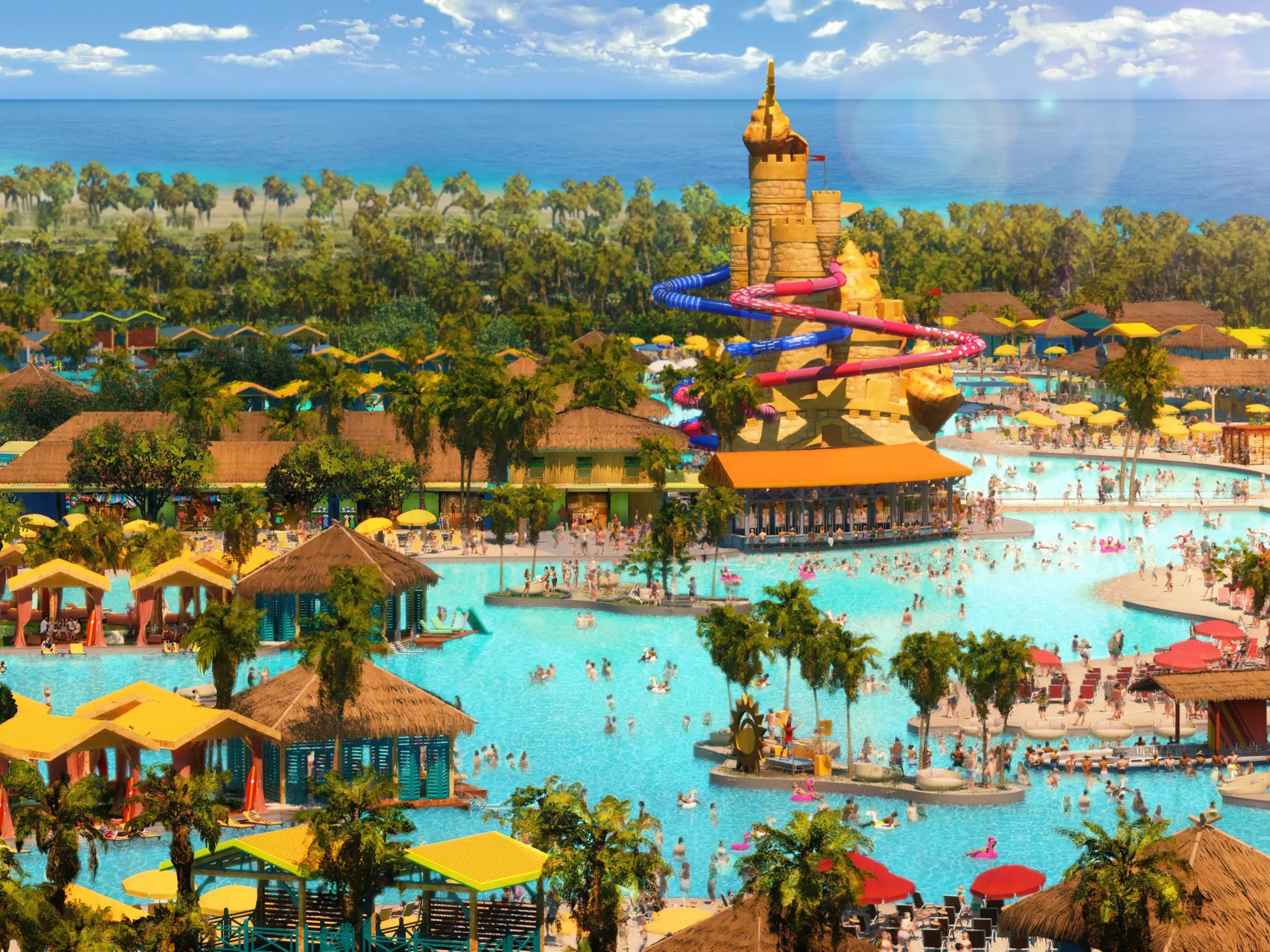 Carnival afirma que Celebration Key, que se muestra en un fotomontaje, ofrecerá servicios similares a los de un resort, como cabañas junto al océano y una piscina infinita solo para adultos.