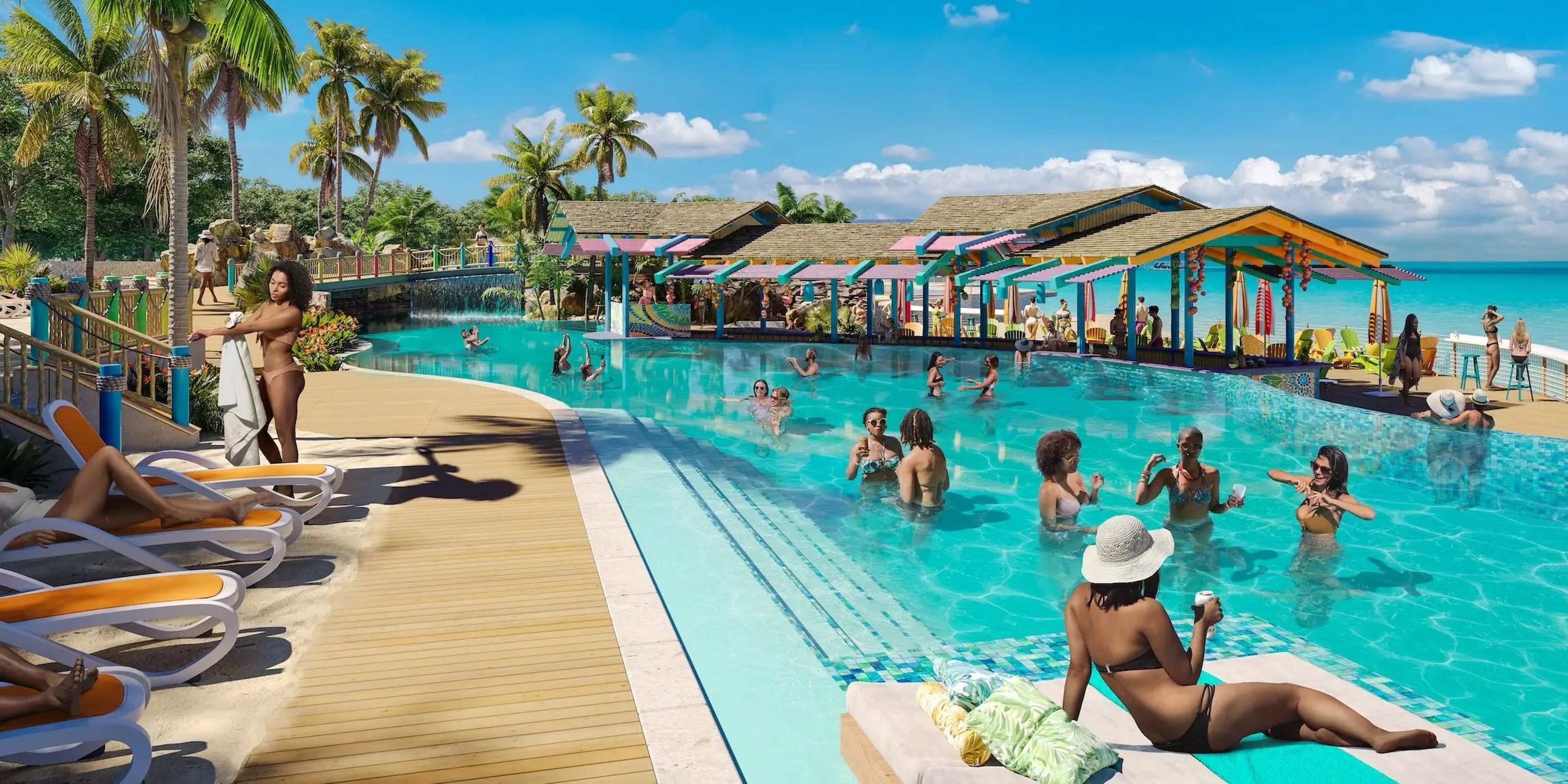 El proyecto Royal Beach Club at Paradise Island se presenta como una extensa propiedad frente al mar, con cabañas, tumbonas y piscinas.