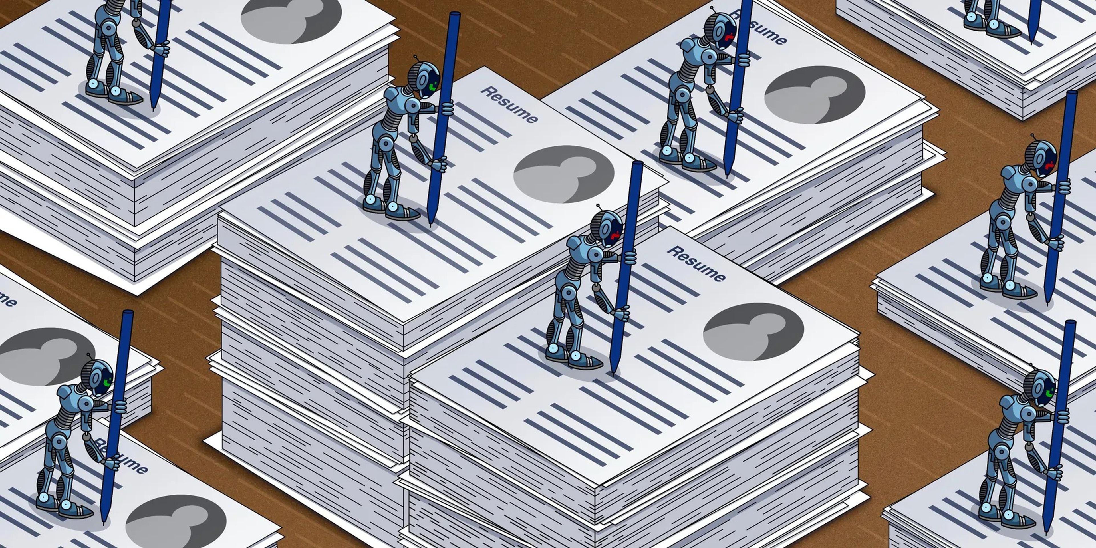 Robots filling out stacks of resumes.