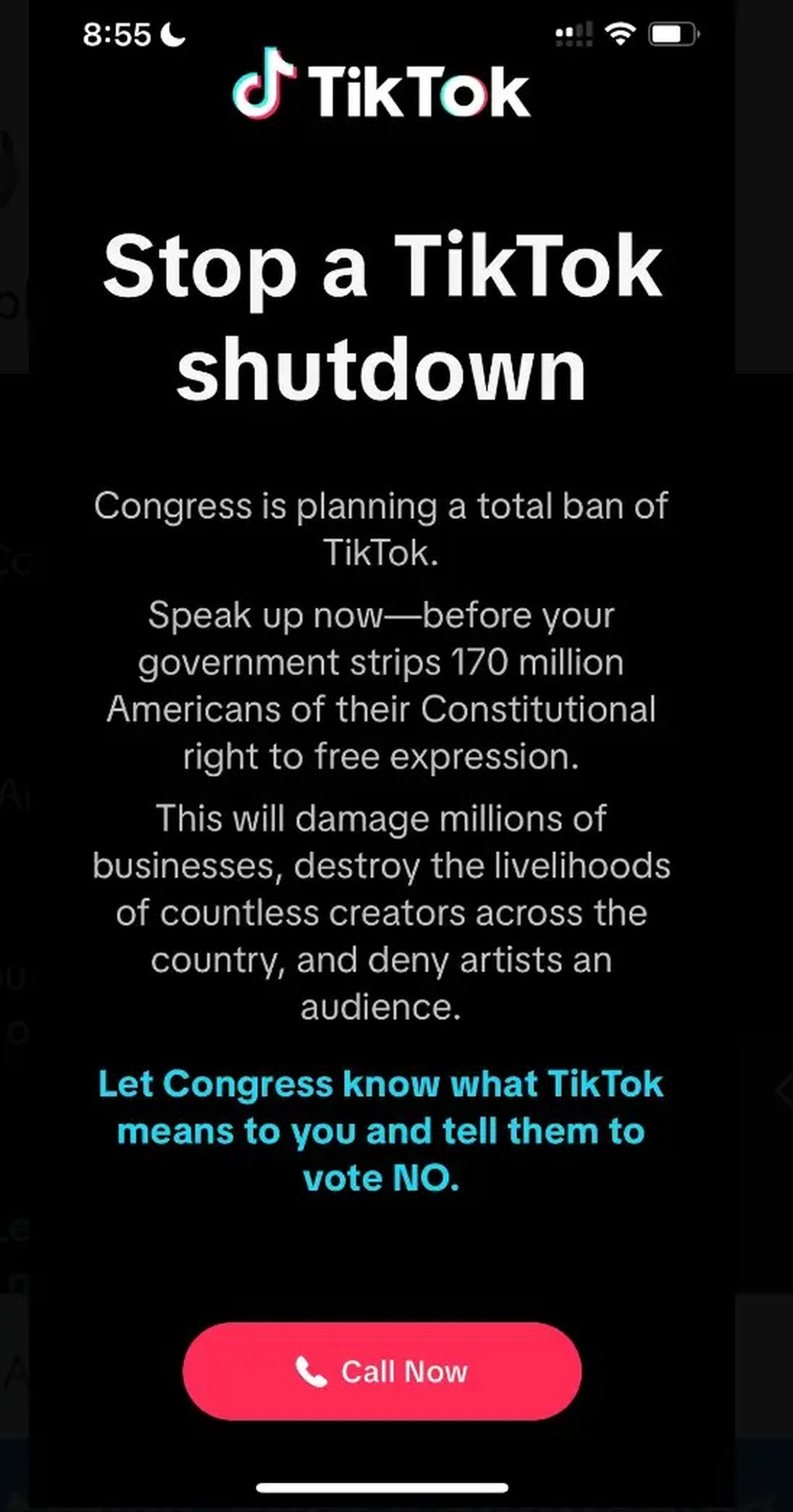 Una publicación en Twitter que muestra un mensaje de TikTok en el que se insta a los usuarios a llamar al Congreso.