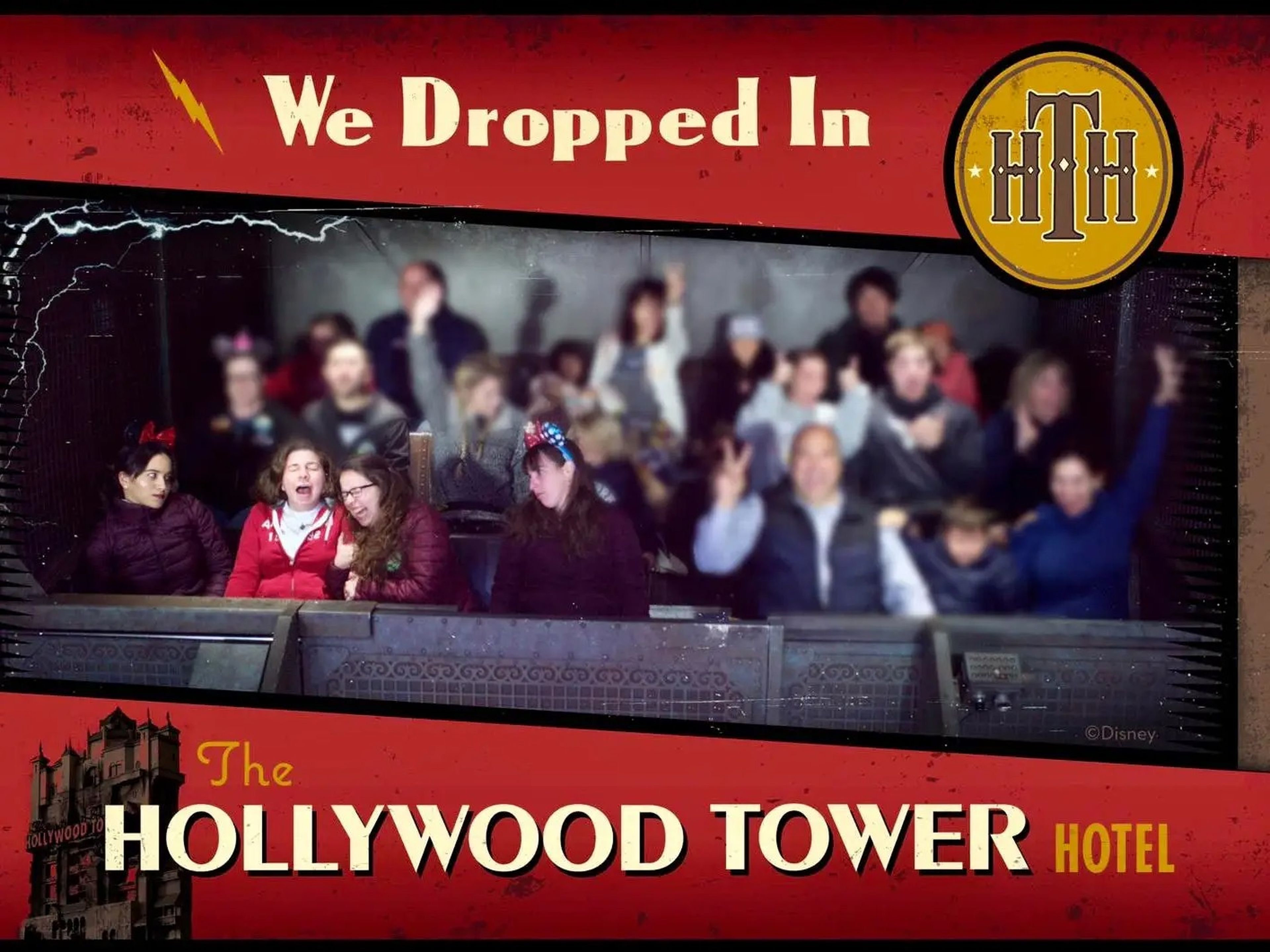 sofia and a crowd of people riding tower of terror at disney world