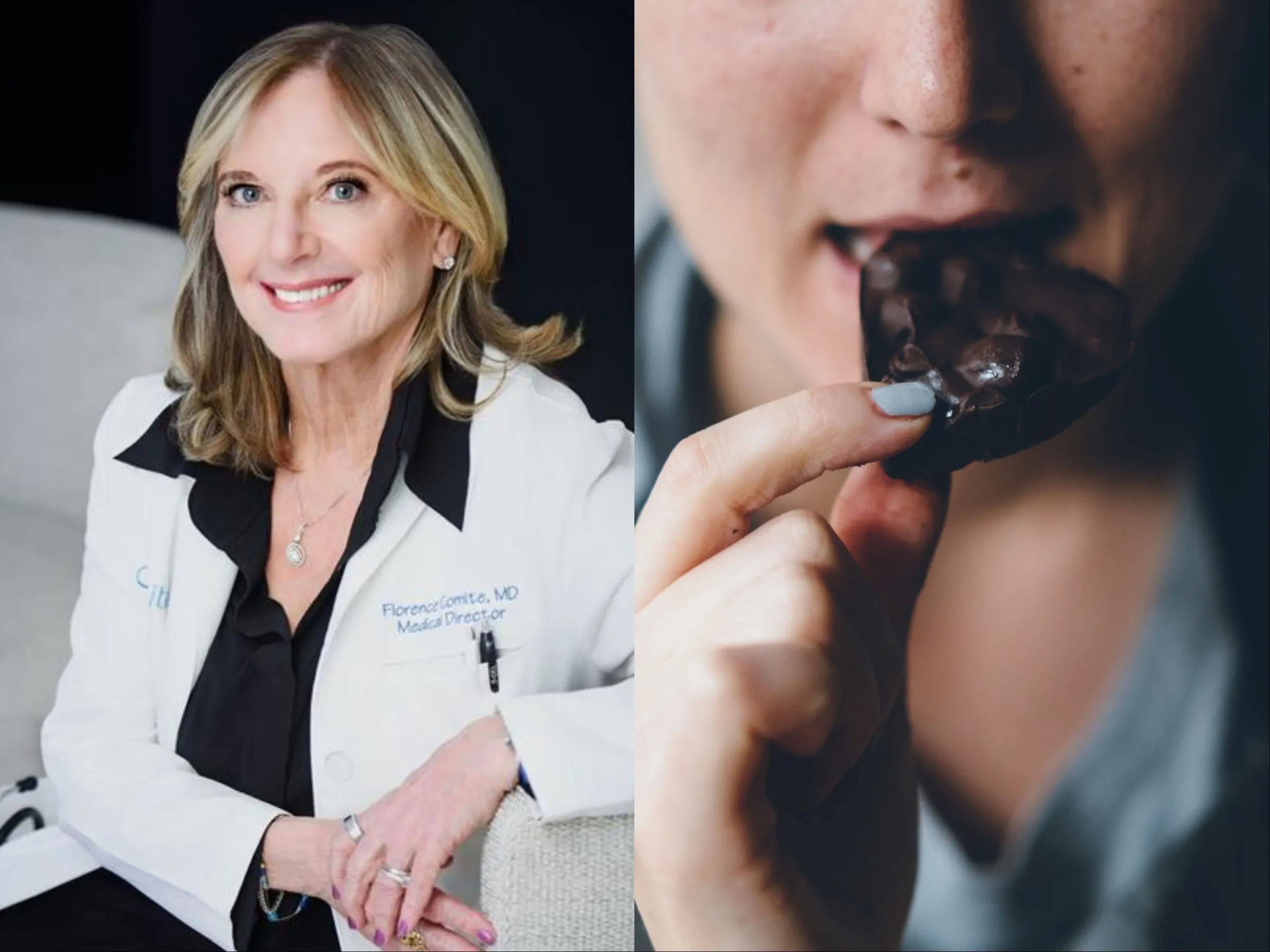 A woman eating dark chocolate; Dr. Florence Comite's headshot