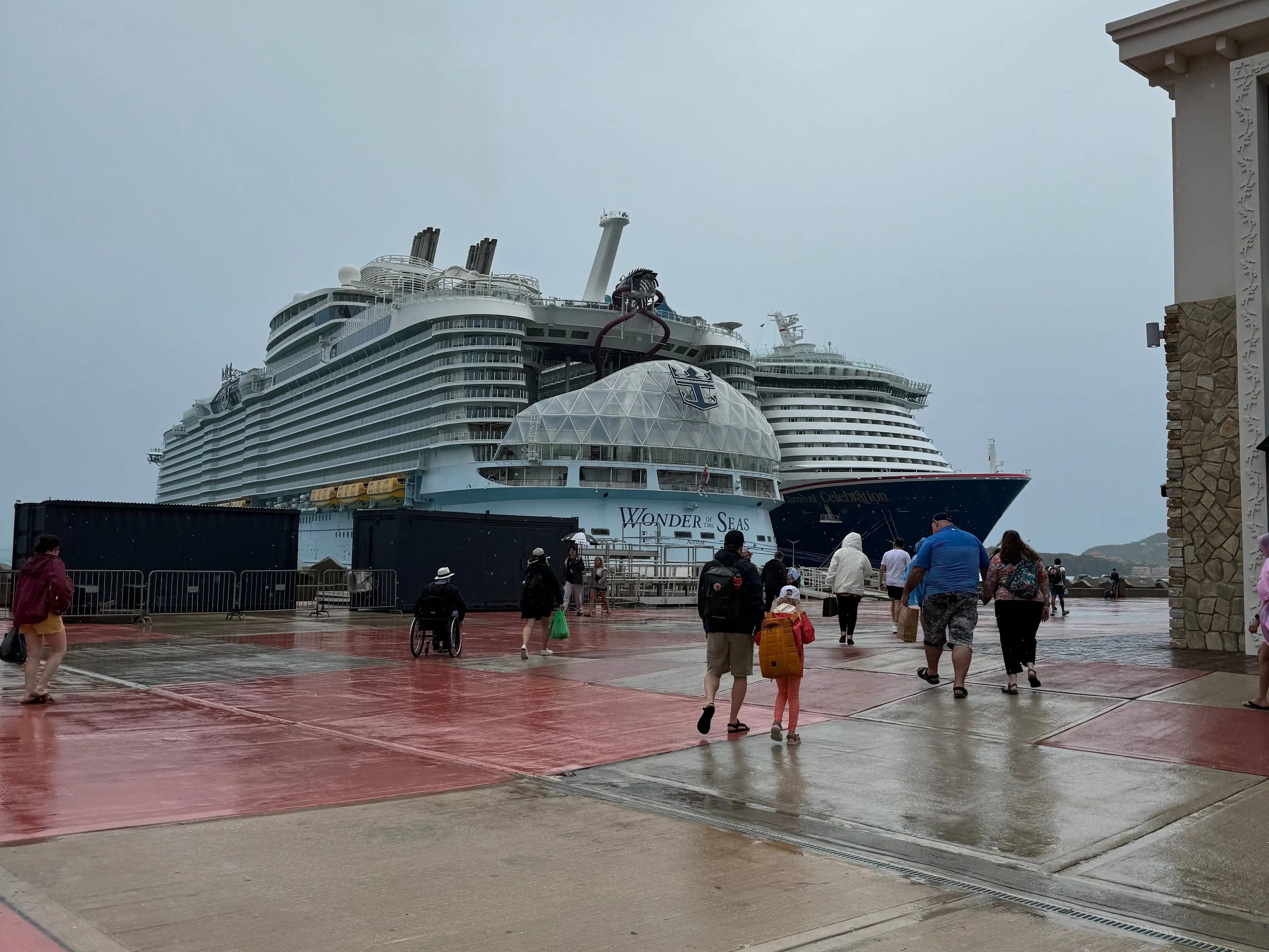 Wonder of the Seas at port on rainy day