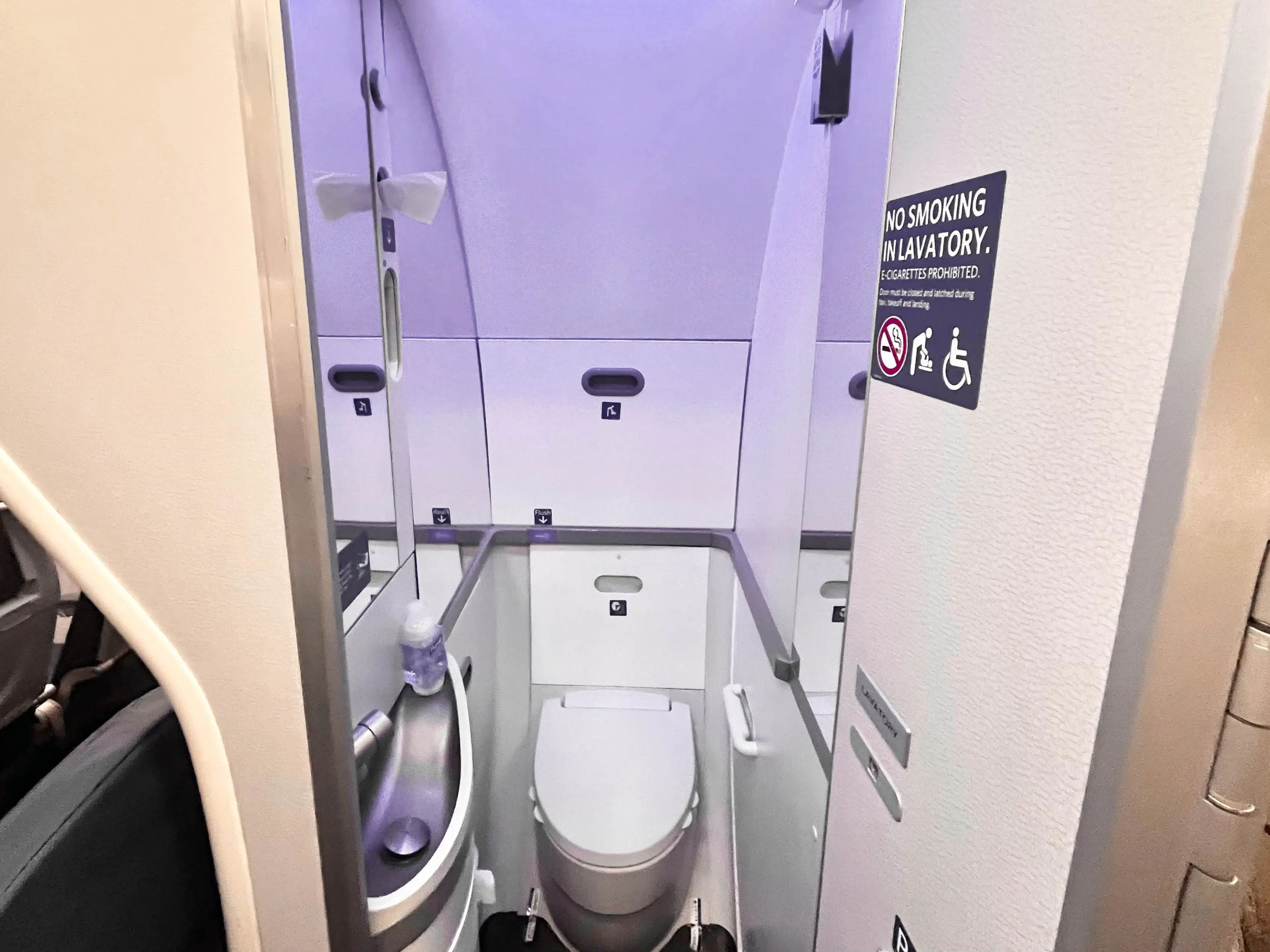 An airplane bathroom, which includes a toilet and sink, with the door open. A sign on the door reads "No smoking in lavatory."