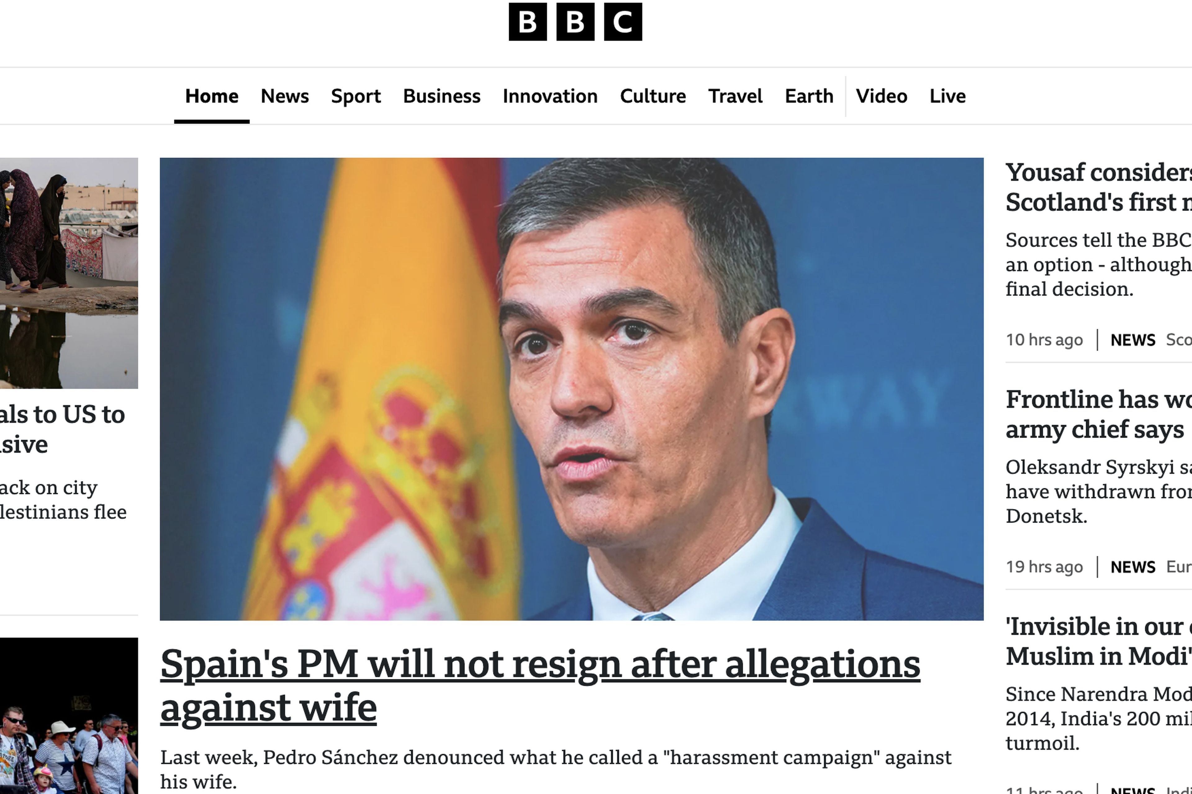 La portada del medio internacional BBC tras las declaraciones de Sánchez. 