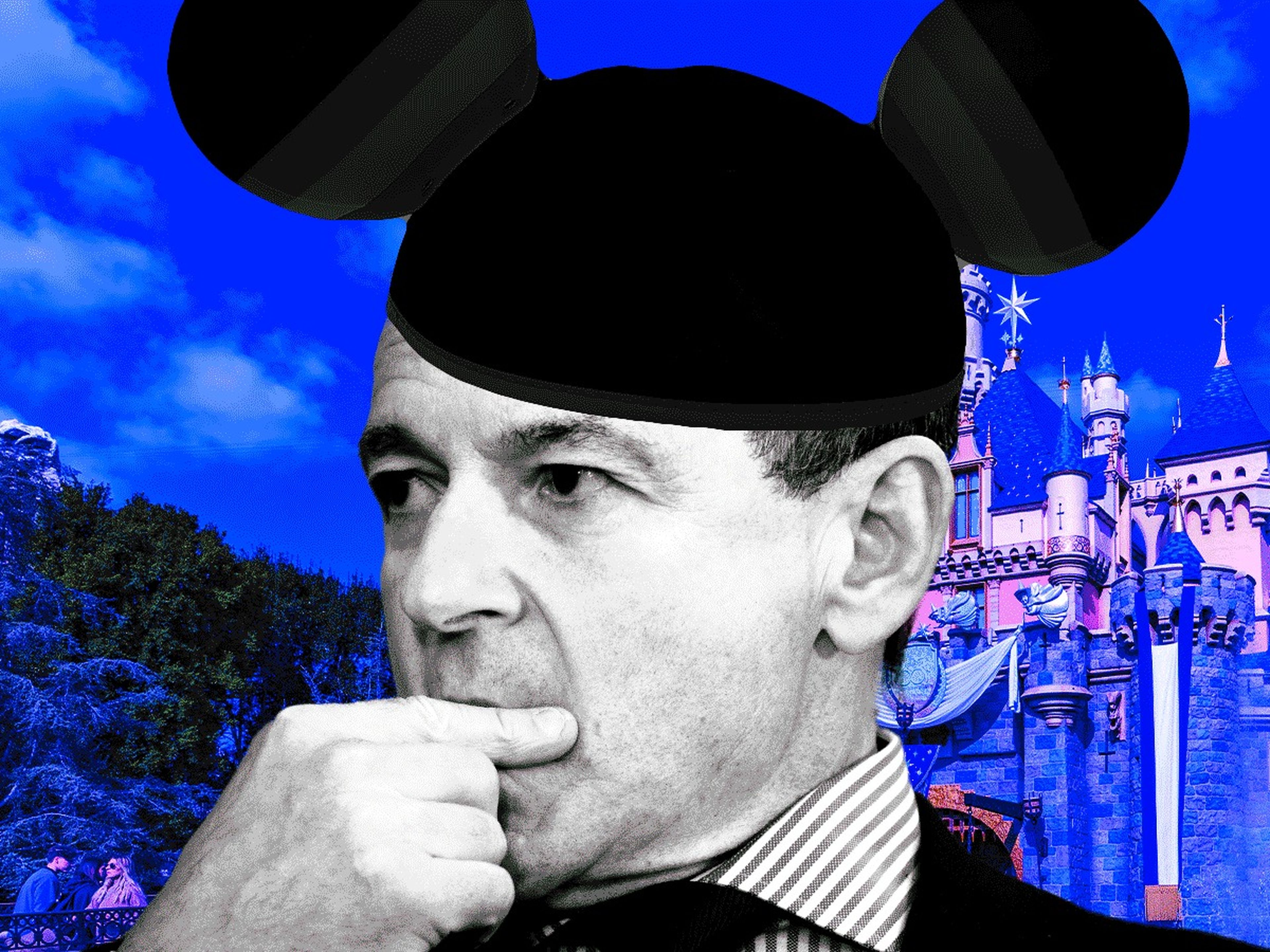 Bob Iger with his Mickey Mouse "thinking cap" on, with Disney castle in the background.